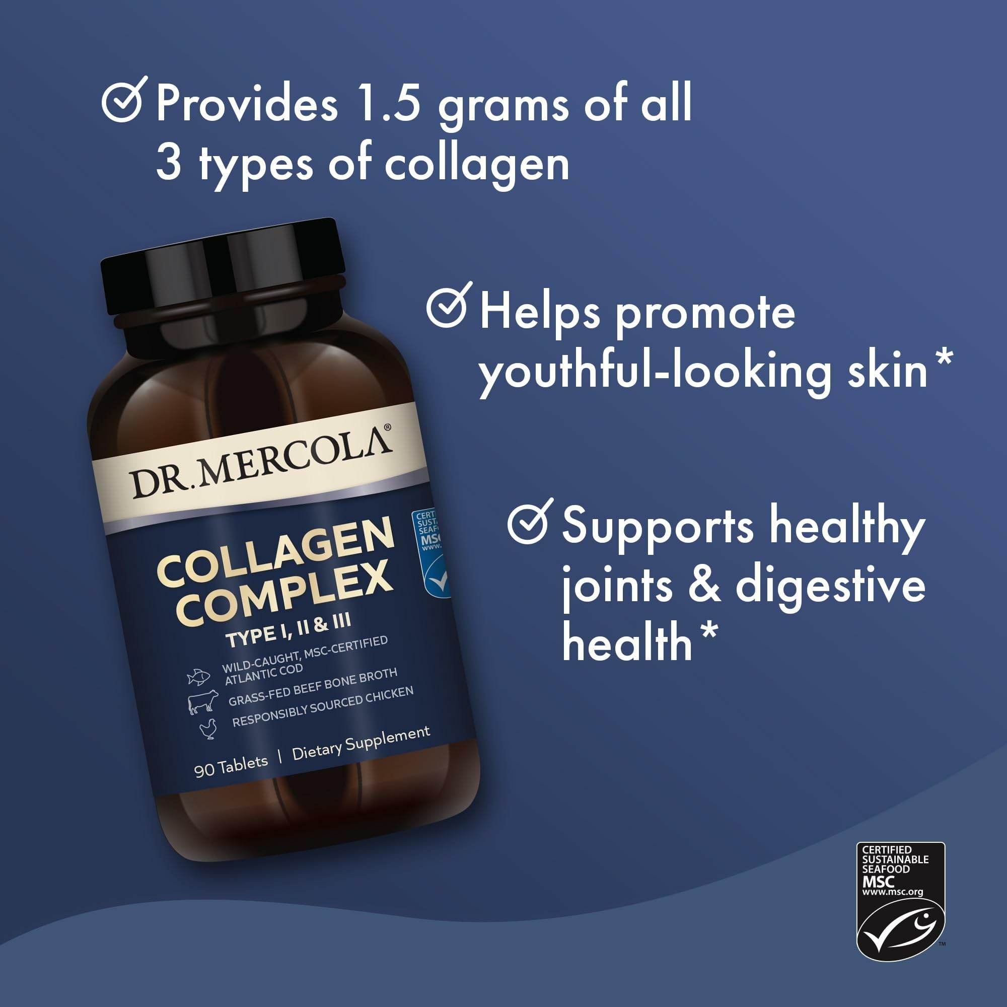 Dr. Mercola Collagen Complex - Supports Skin & Connective Tissue - Types I, II & III Collagen - Non-GMO, Gluten-Free & Soy-Free - 90 Tablets (30 Servings) - Maple Wellness Supplements