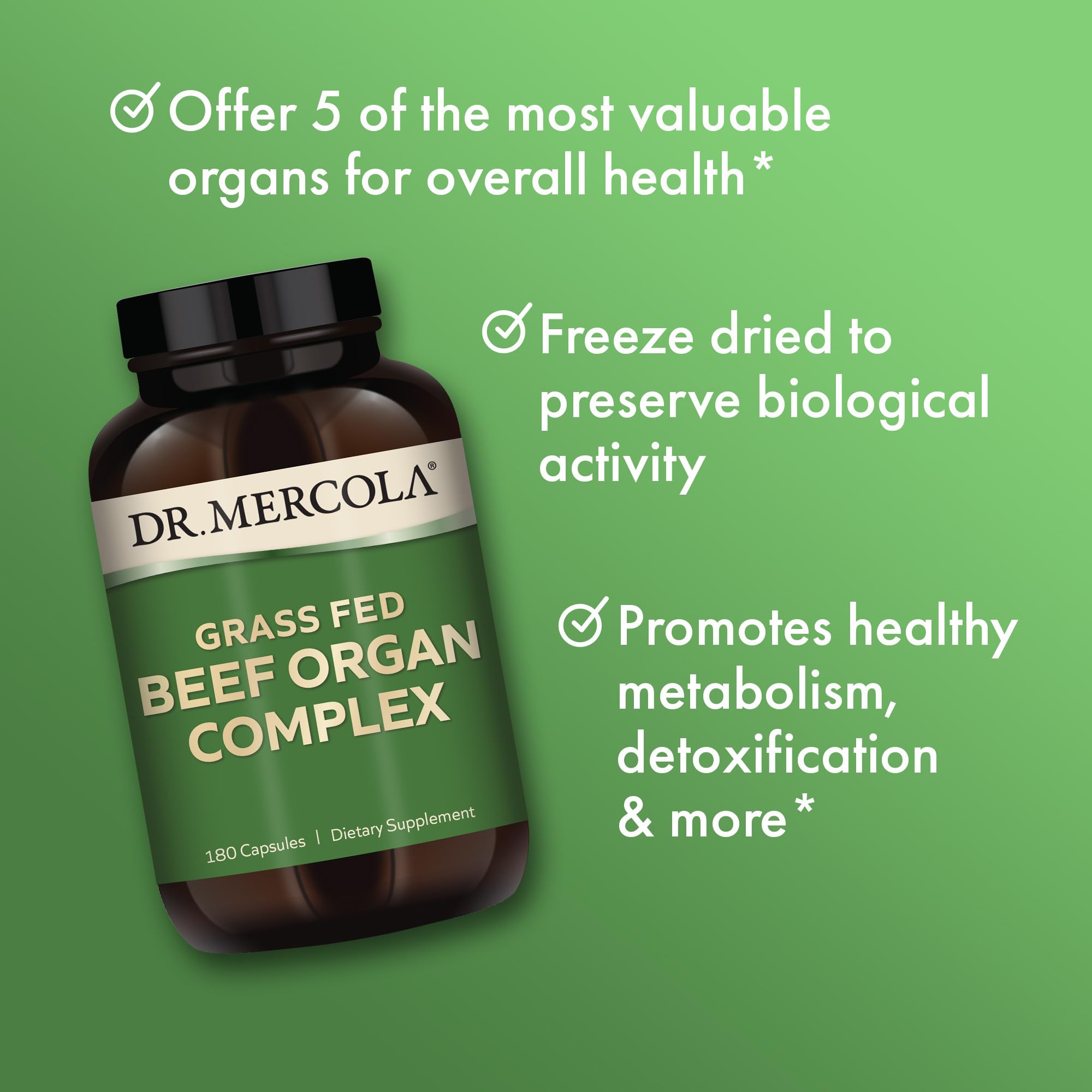 Dr. Mercola Grass Fed Beef Organ Complex - Supports Whole Body Wellness - Freeze-Dried Organ Blend - Non-GMO - Gluten-Free - 180 Capsules - TrustMedUSA