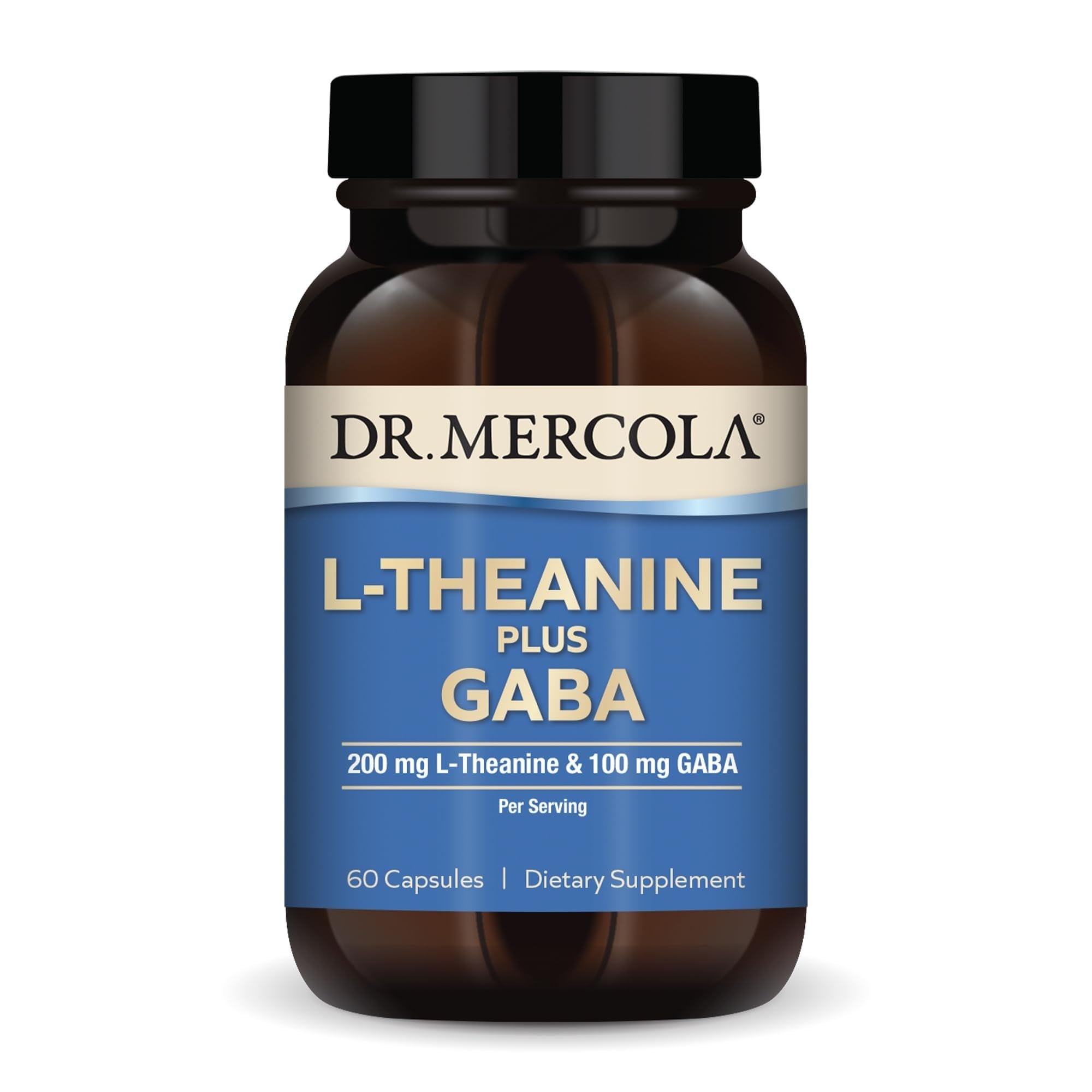 Dr. Mercola L-Theanine Plus GABA - Supports Relaxation - Focus & Cognitive Function - Stress Support Supplement - 200 mg L-Theanine - 100 mg GABA - 60 Capsules - TrustMedUSA