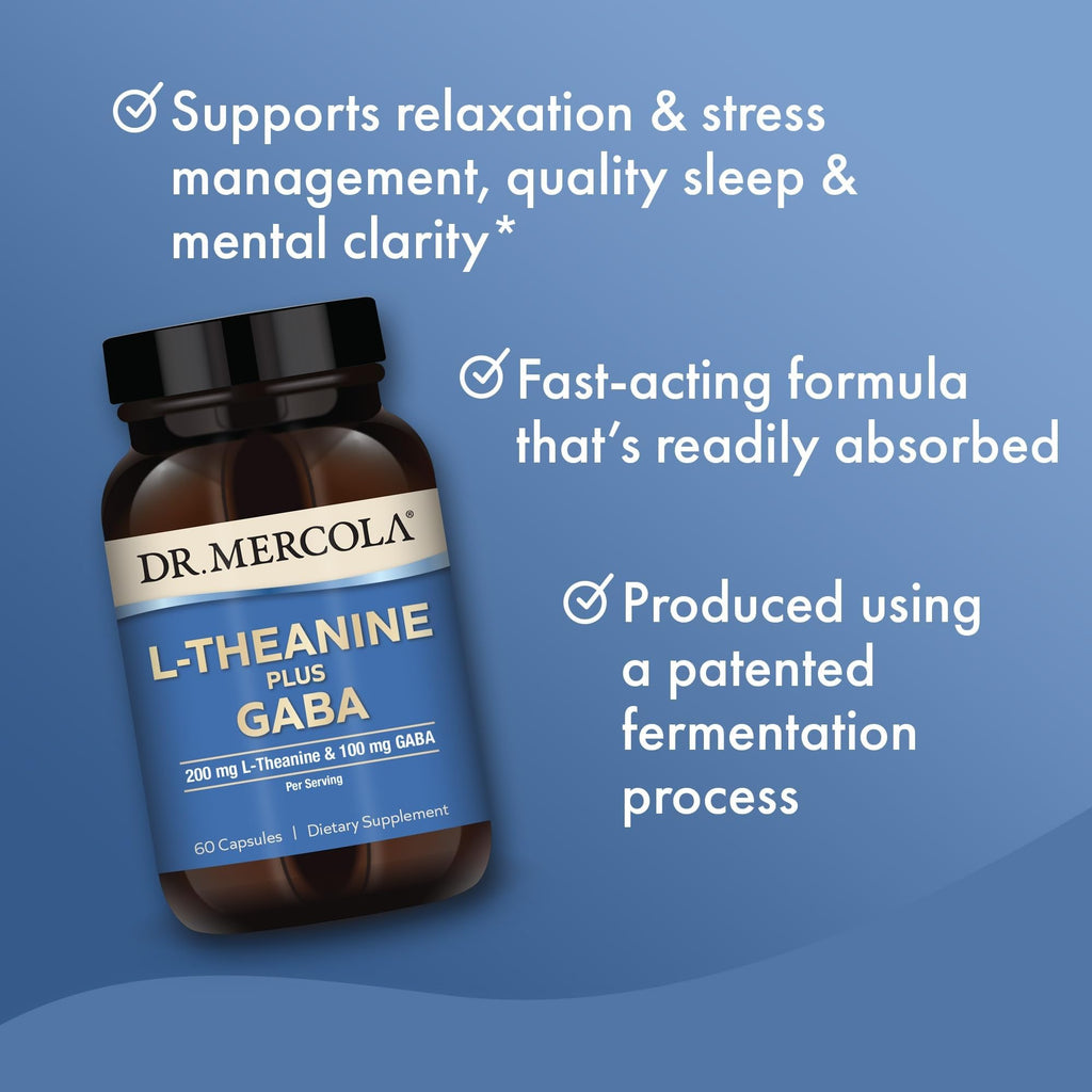 Dr. Mercola L-Theanine Plus GABA - Supports Relaxation - Focus & Cognitive Function - Stress Support Supplement - 200 mg L-Theanine - 100 mg GABA - 60 Capsules - TrustMedUSA