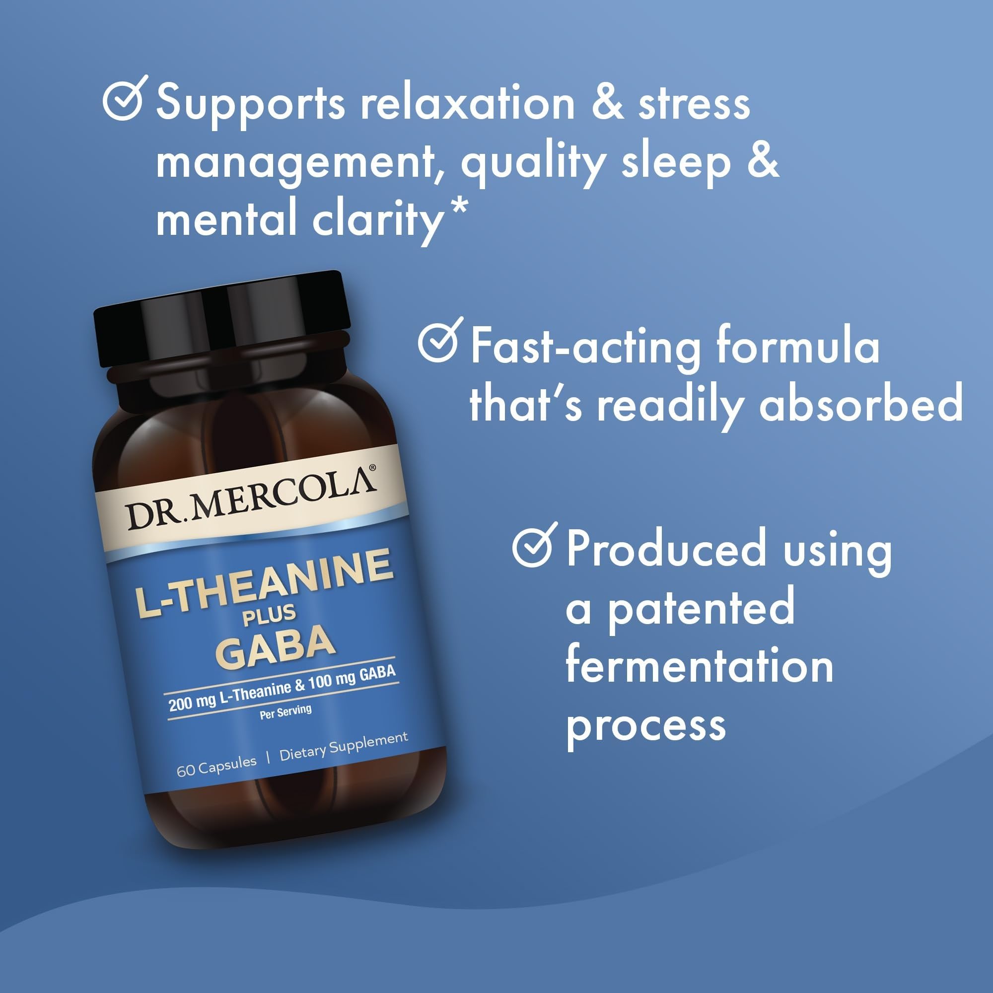 Dr. Mercola L-Theanine Plus GABA - Supports Relaxation - Focus & Cognitive Function - Stress Support Supplement - 200 mg L-Theanine - 100 mg GABA - 60 Capsules - TrustMedUSA