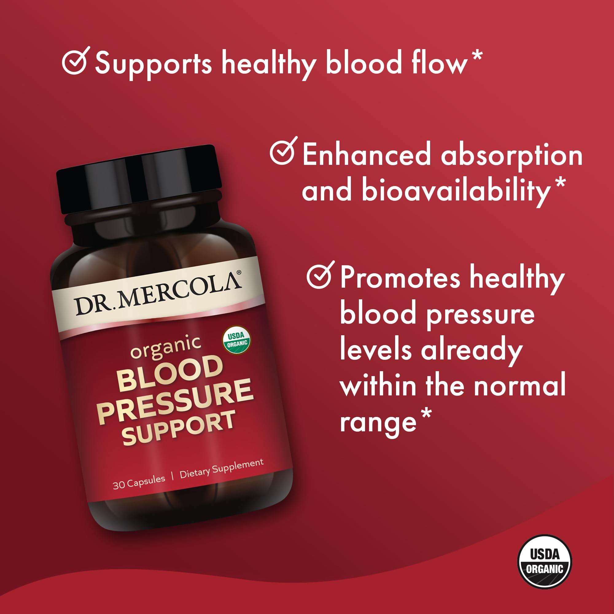 Dr. Mercola Organic Blood Pressure Support - Supports Healthy Circulation - High-Potency Grape Seed Extract - Non-GMO & Soy-Free - 30 Capsules (30 Servings) - TrustMedUSA