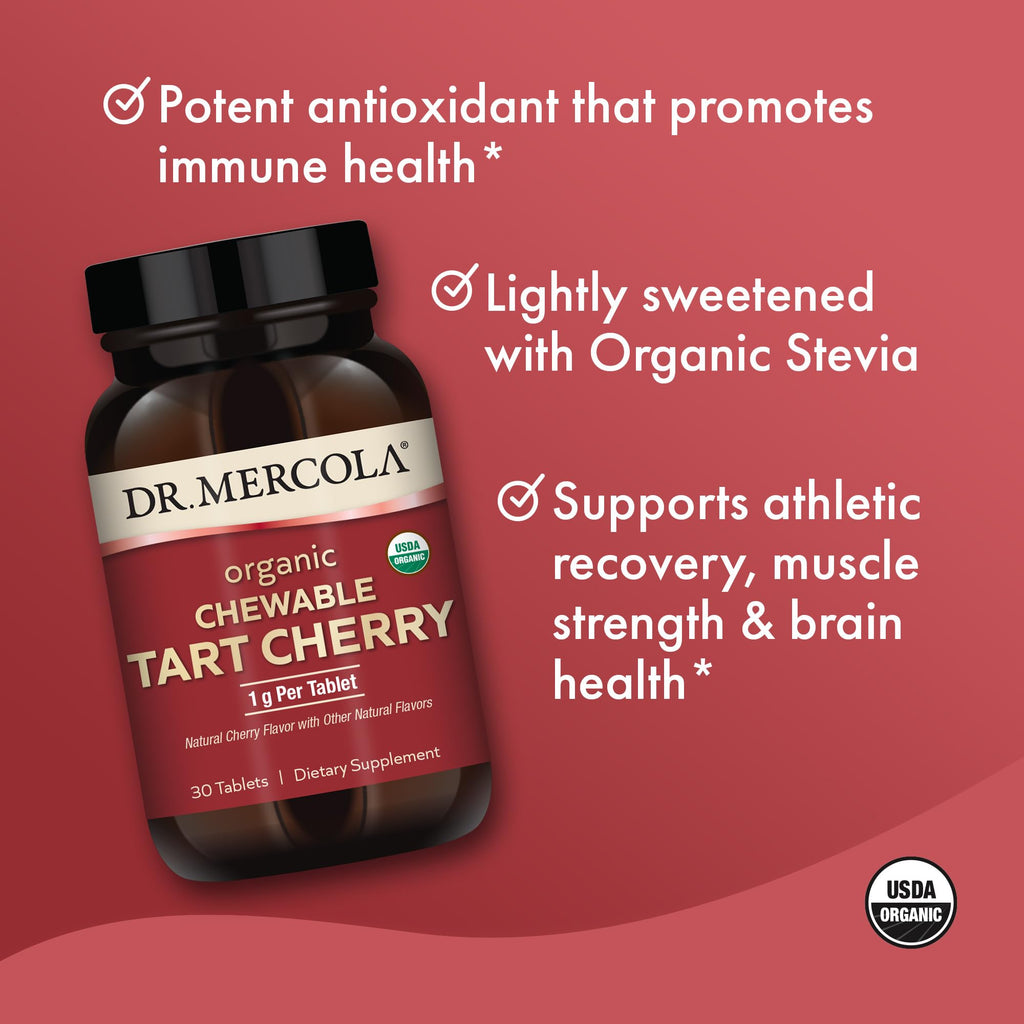 Dr. Mercola Organic Chewable Tart Cherry - Antioxidant Support - Made from Whole-Fruit Montmorency Cherries - USDA Organic - Stevia Sweetened - 30 Tablets - TrustMedUSA