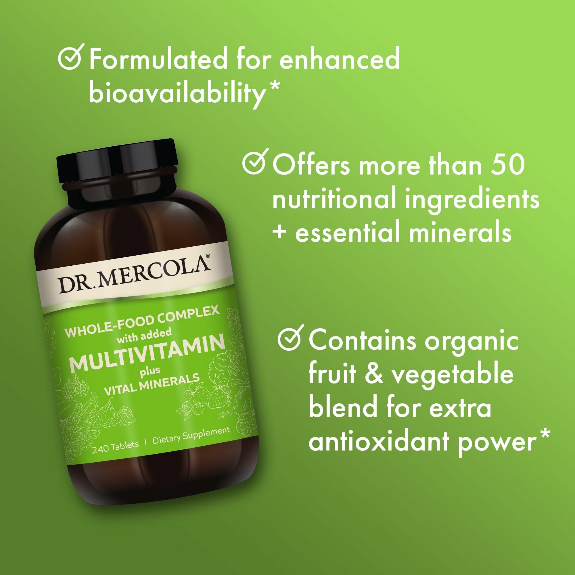 Dr. Mercola Whole-Food Complex with Added Multivitamin Plus Vital Minerals - Supports Nutrition & Immune Support - Bioavailable - GMO Free - 240 Tablets (30 Servings) - TrustMedUSA