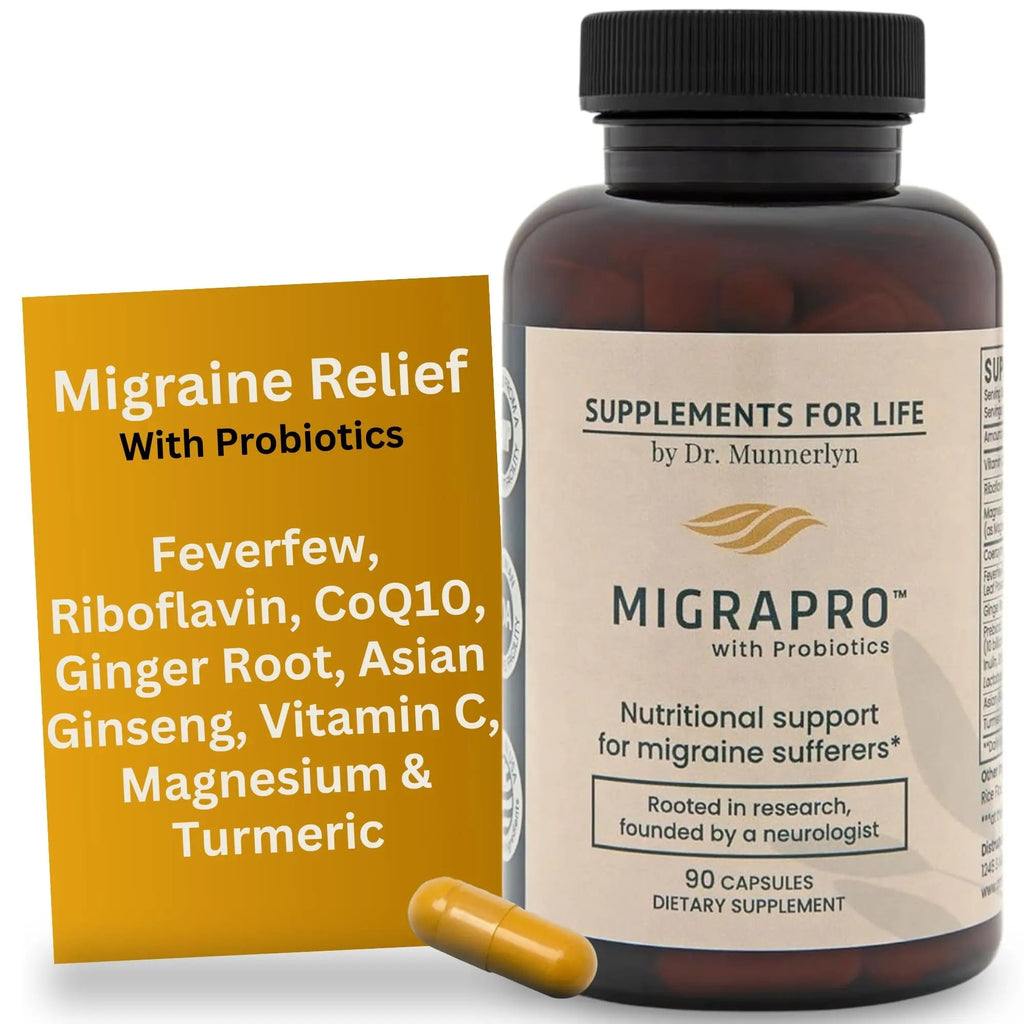 Dr. Munnerlyn MigraPro with Probiotics, Brain and Gut Health Support Supplement with Magnesium, Riboflavin, CoQ10, Ginger Root, Asian Ginseng, Vitamin C, Feverfew & Turmeric, Gluten Free, 90 Capsules - TrustMedUSA