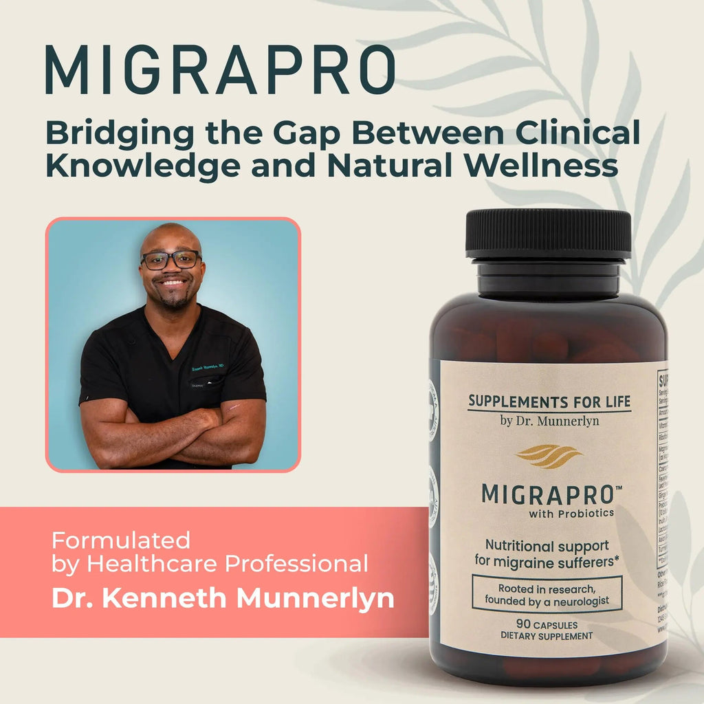 Dr. Munnerlyn MigraPro with Probiotics, Brain and Gut Health Support Supplement with Magnesium, Riboflavin, CoQ10, Ginger Root, Asian Ginseng, Vitamin C, Feverfew & Turmeric, Gluten Free, 90 Capsules - TrustMedUSA