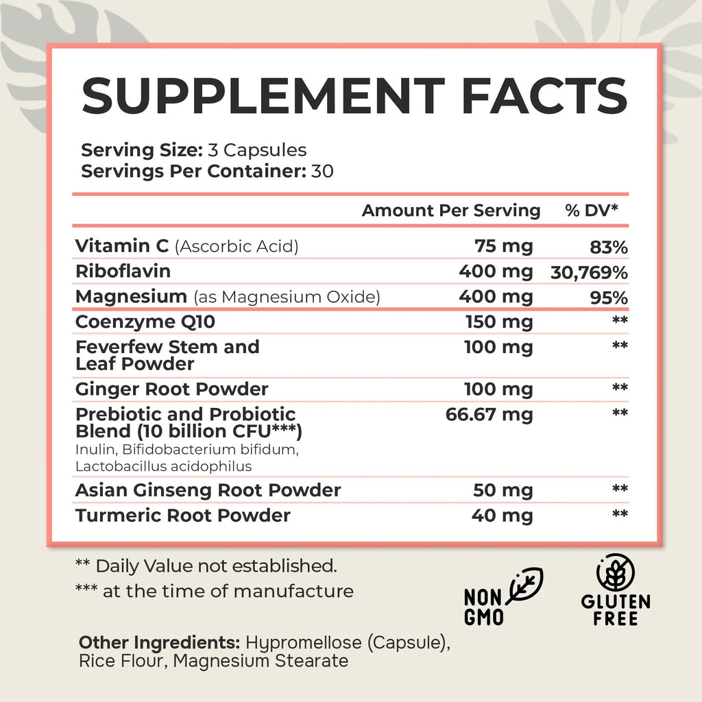 Dr. Munnerlyn MigraPro with Probiotics, Brain and Gut Health Support Supplement with Magnesium, Riboflavin, CoQ10, Ginger Root, Asian Ginseng, Vitamin C, Feverfew & Turmeric, Gluten Free, 90 Capsules - TrustMedUSA
