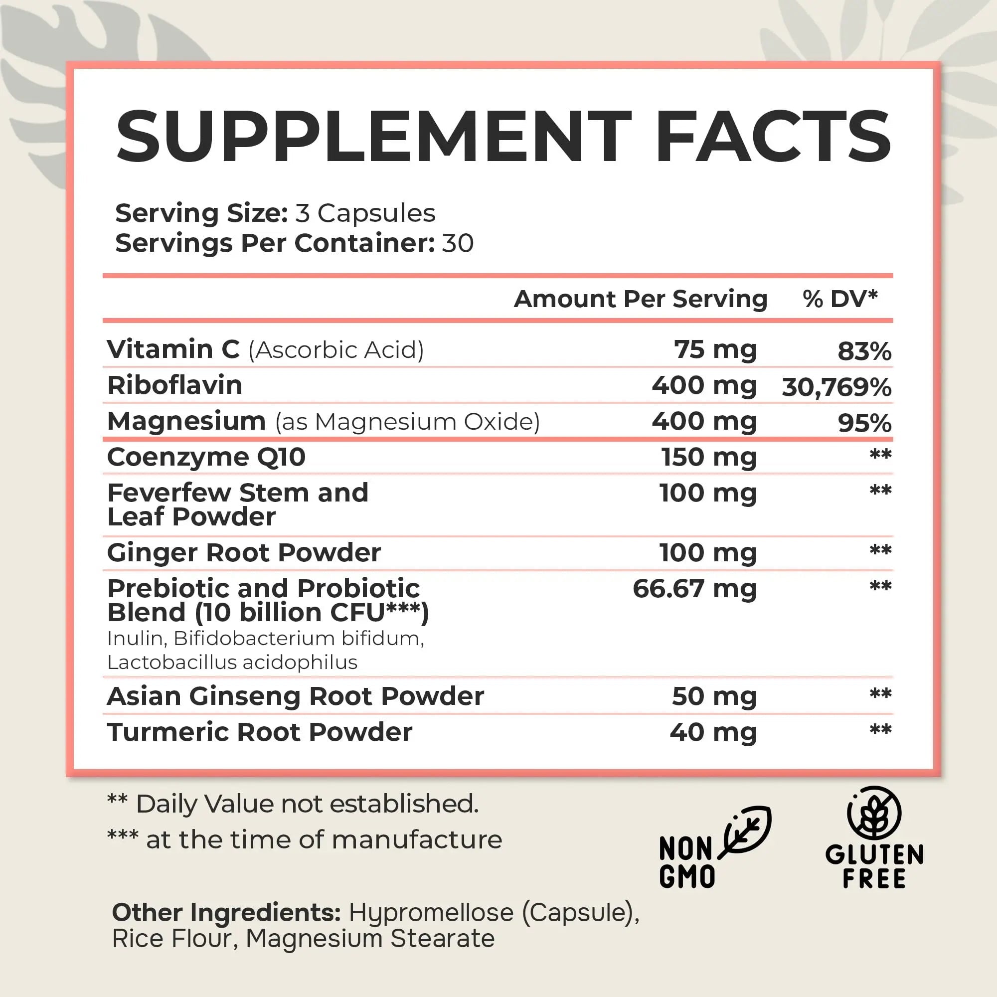 Dr. Munnerlyn MigraPro with Probiotics, Brain and Gut Health Support Supplement with Magnesium, Riboflavin, CoQ10, Ginger Root, Asian Ginseng, Vitamin C, Feverfew & Turmeric, Gluten Free, 90 Capsules - TrustMedUSA