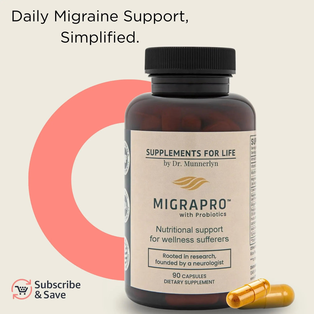 Dr. Munnerlyn MigraPro with Probiotics, Brain and Gut Health Support Supplement with Magnesium, Riboflavin, CoQ10, Ginger Root, Asian Ginseng, Vitamin C, Feverfew & Turmeric, Gluten Free, 90 Capsules - TrustMedUSA