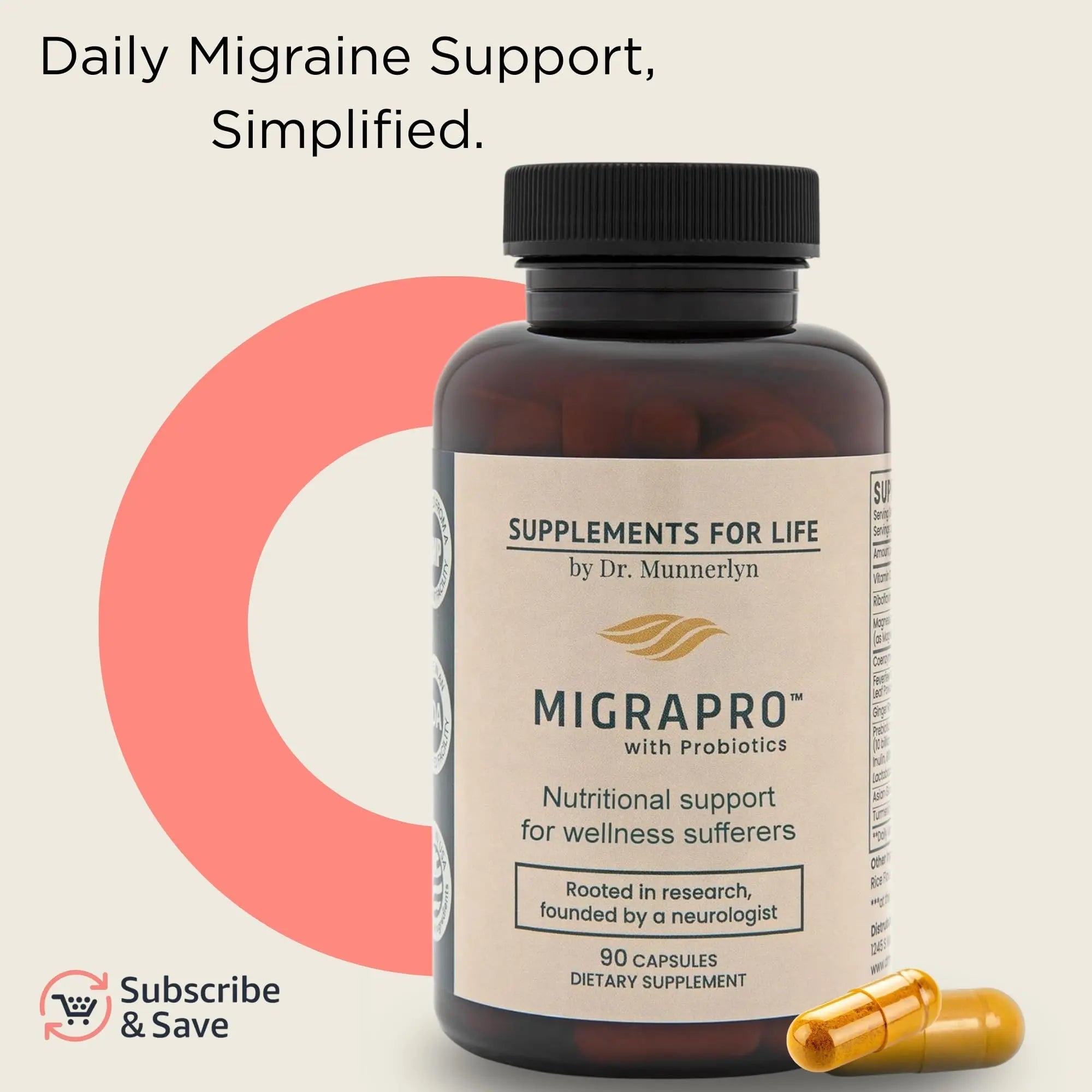 Dr. Munnerlyn MigraPro with Probiotics, Brain and Gut Health Support Supplement with Magnesium, Riboflavin, CoQ10, Ginger Root, Asian Ginseng, Vitamin C, Feverfew & Turmeric, Gluten Free, 90 Capsules - TrustMedUSA