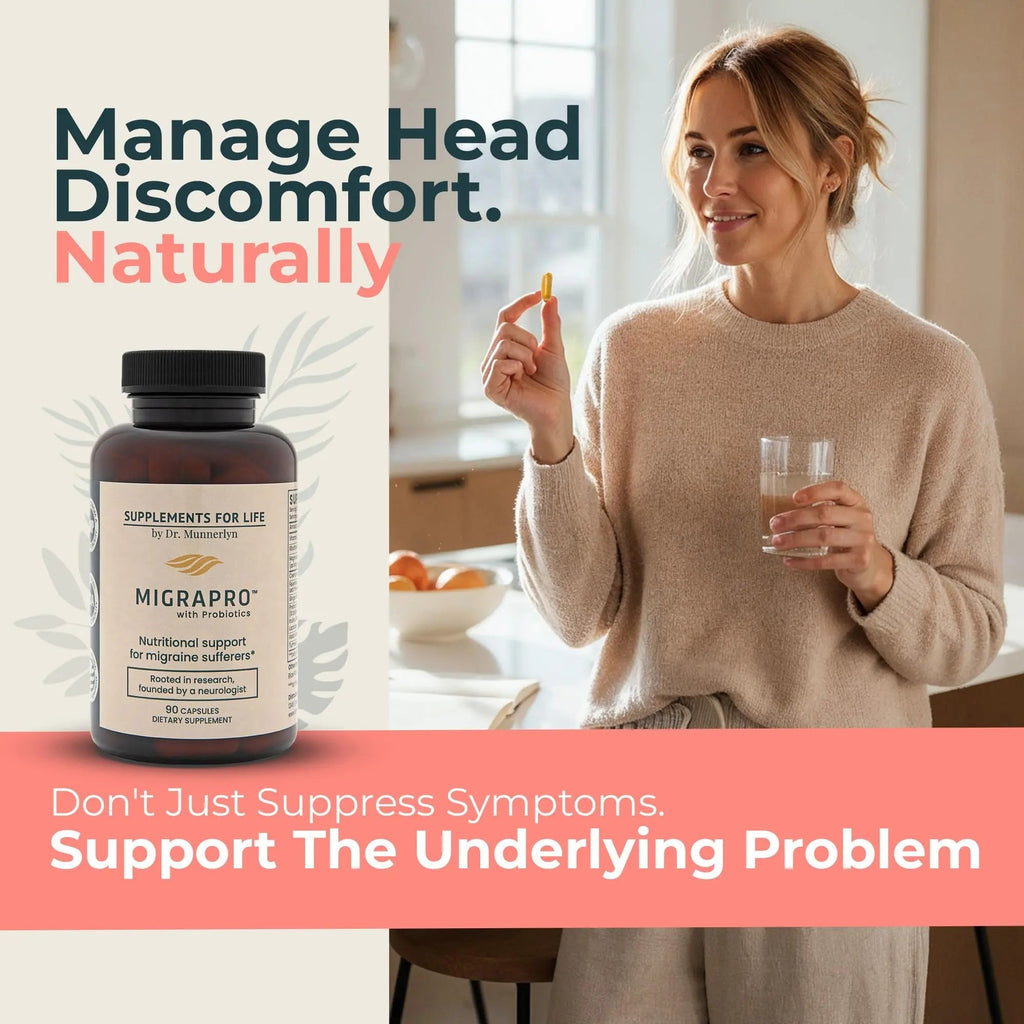 Dr. Munnerlyn MigraPro with Probiotics, Brain and Gut Health Support Supplement with Magnesium, Riboflavin, CoQ10, Ginger Root, Asian Ginseng, Vitamin C, Feverfew & Turmeric, Gluten Free, 90 Capsules - TrustMedUSA