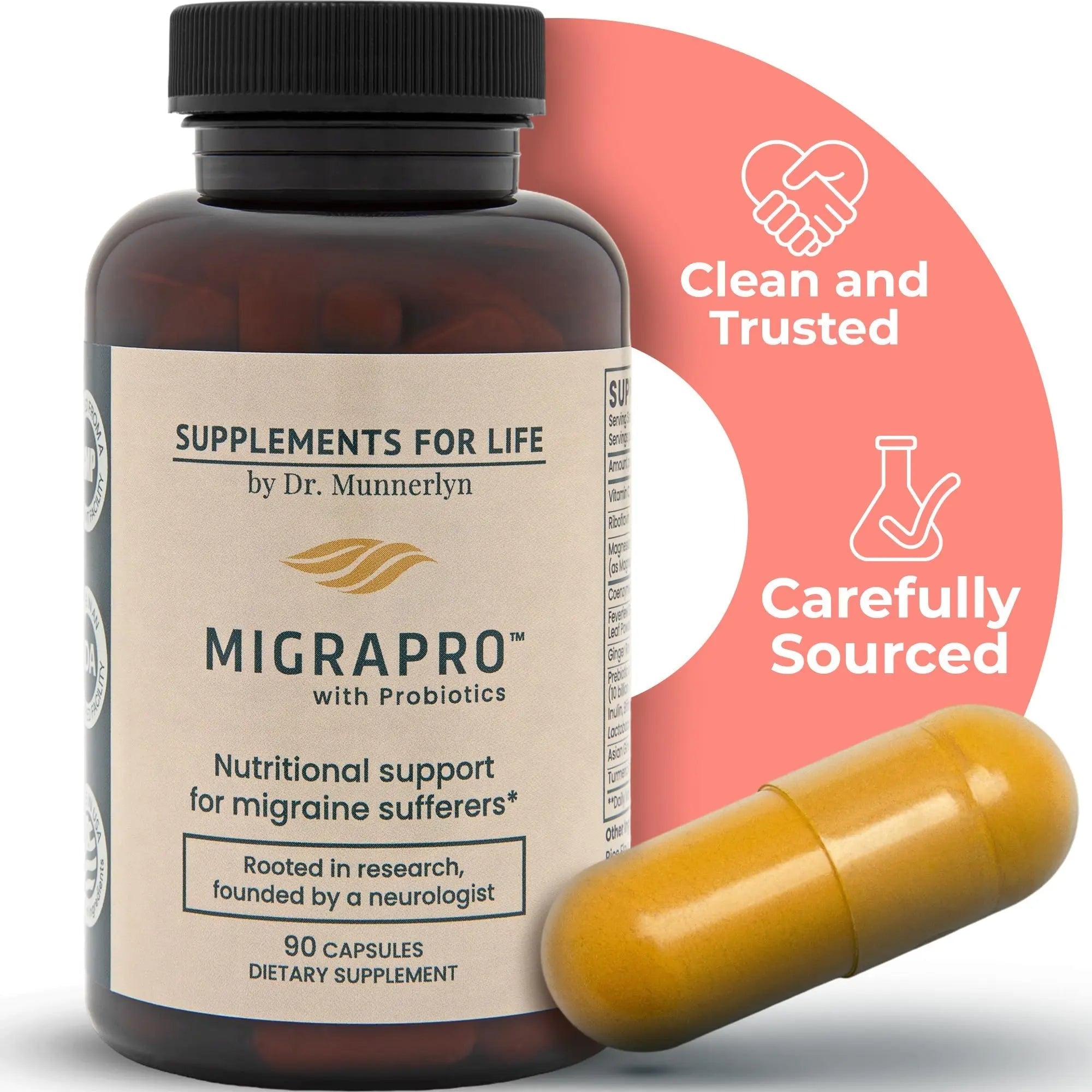 Dr. Munnerlyn MigraPro with Probiotics, Brain and Gut Health Support Supplement with Magnesium, Riboflavin, CoQ10, Ginger Root, Asian Ginseng, Vitamin C, Feverfew & Turmeric, Gluten Free, 90 Capsules - TrustMedUSA
