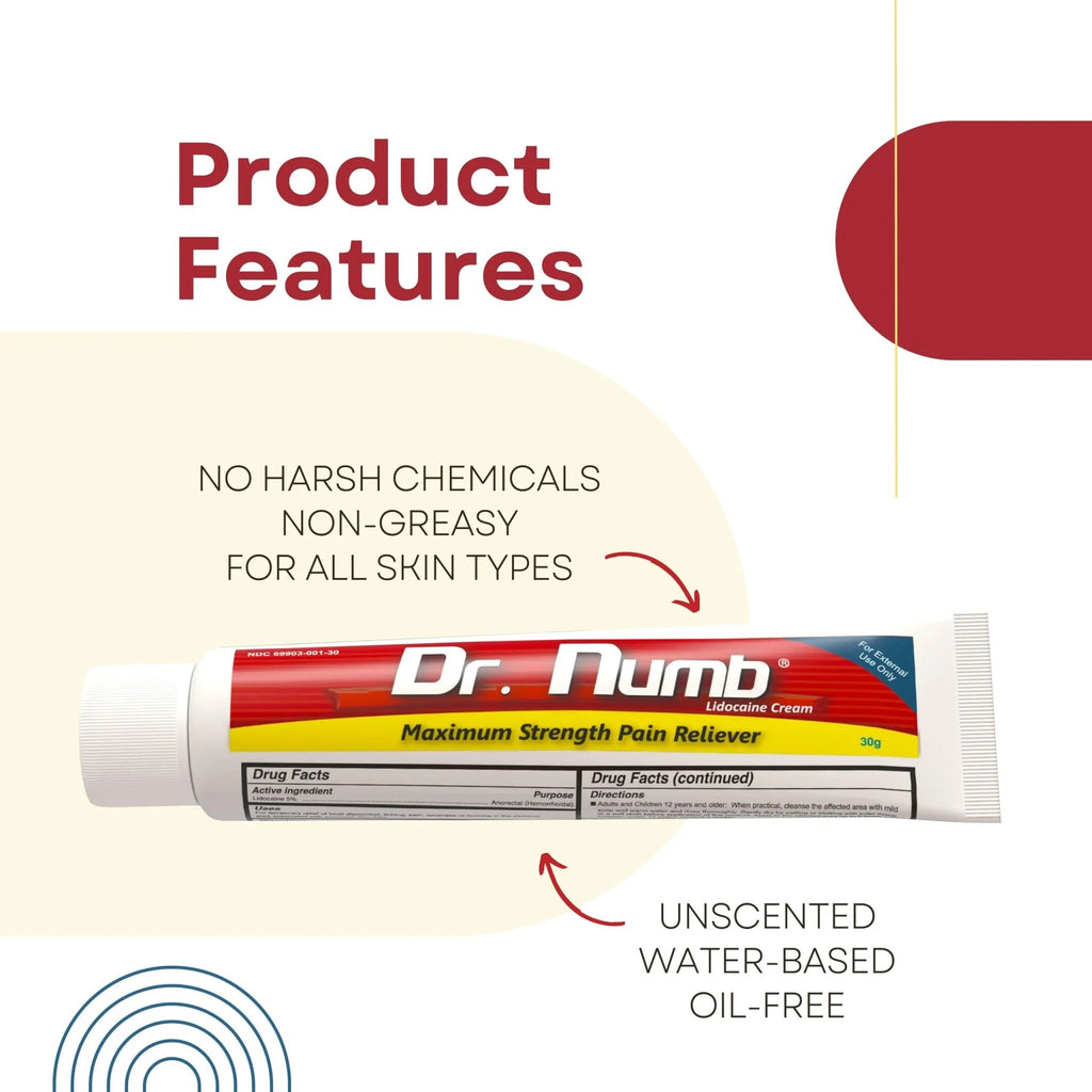 Dr. Numb 5% Lidocaine Numbing Cream, Fast-Acting Maximum Strength Topical Anesthetic Pain Relief Burn Itch Numb Cream with Vitamin E for Hemorrhoid Treatment, Local and Anorectal Uses - 30g - TrustMedUSA