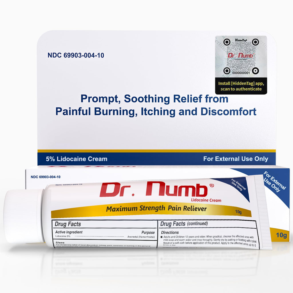 Dr. Numb 5% Lidocaine Numbing Cream, Nonprescription Maximum Strength Topical Anesthetic Cream - Temporary Relief of Pain, Itch, Discomfort for Hemorrhoid and Anorectal Uses - 10g Pack of 1 - TrustMedUSA