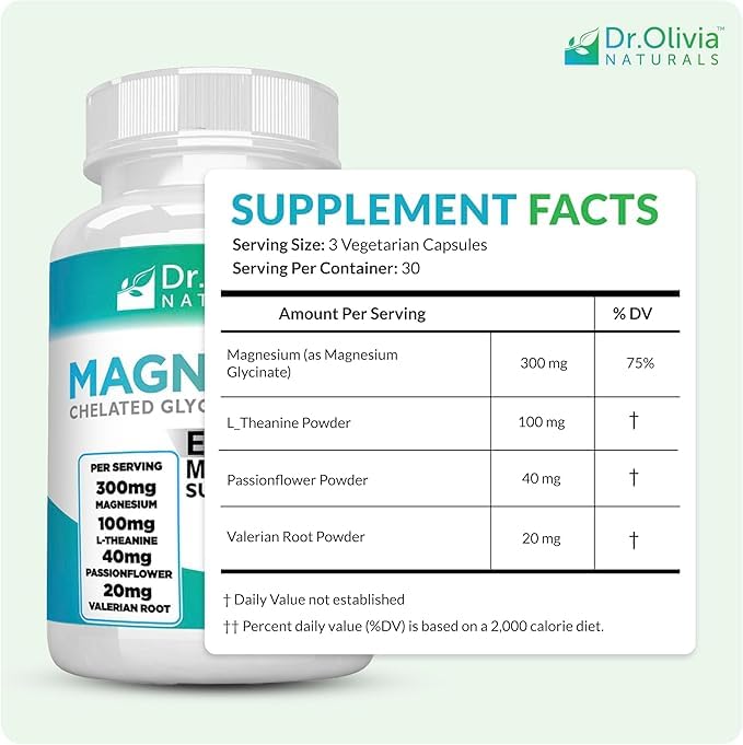 Dr. Olivia Naturals Magnesium Glycinate Complex - L-Theanine, Passionflower & Valerian Root for Sleep Support Supplement, Nerve & Muscle Health, High Absorption - 90 Vegetarian Capsules - TrustMedUSA