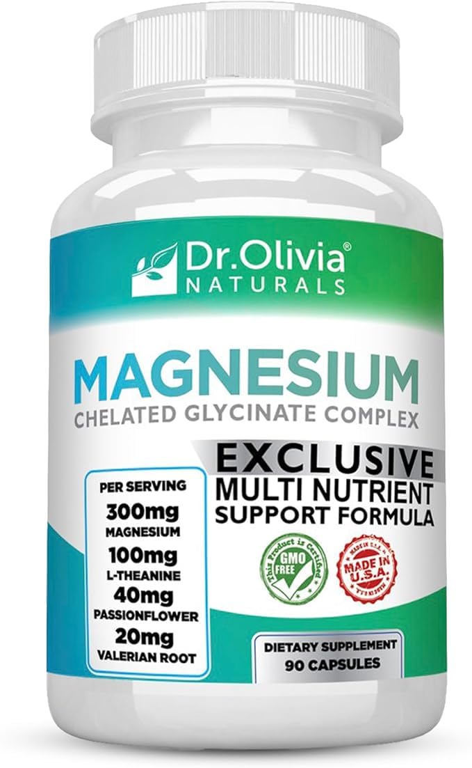 Dr. Olivia Naturals Magnesium Glycinate Complex - L-Theanine, Passionflower & Valerian Root for Sleep Support Supplement, Nerve & Muscle Health, High Absorption - 90 Vegetarian Capsules - TrustMedUSA