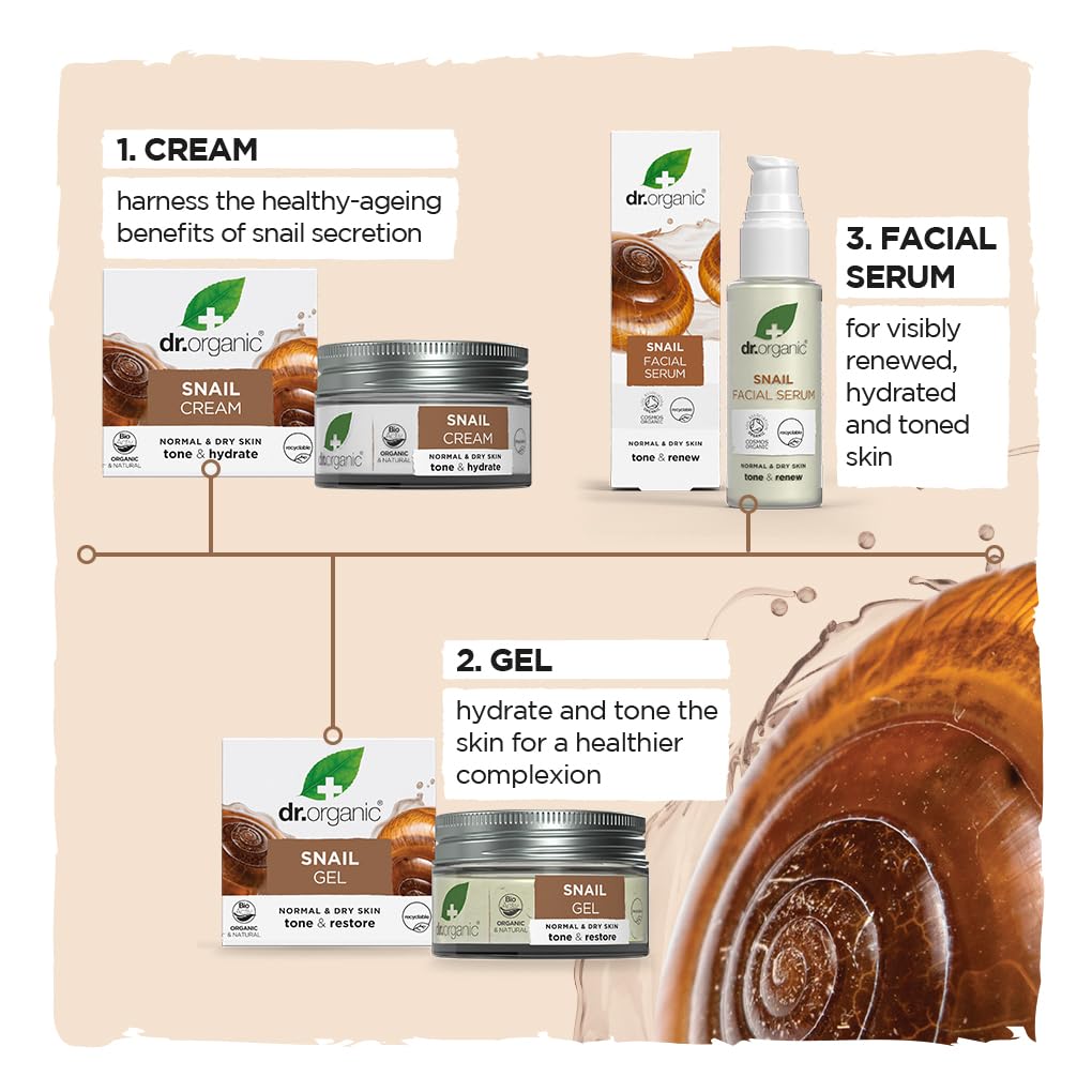Dr. Organic Snail Gel Facial Serum | Hydrates and Restores Skin, Reduces Fine Lines, Natural, Certified Organic, Paraben & SLS-Free, 30 mL / 1 fl oz - Maple Wellness Supplements