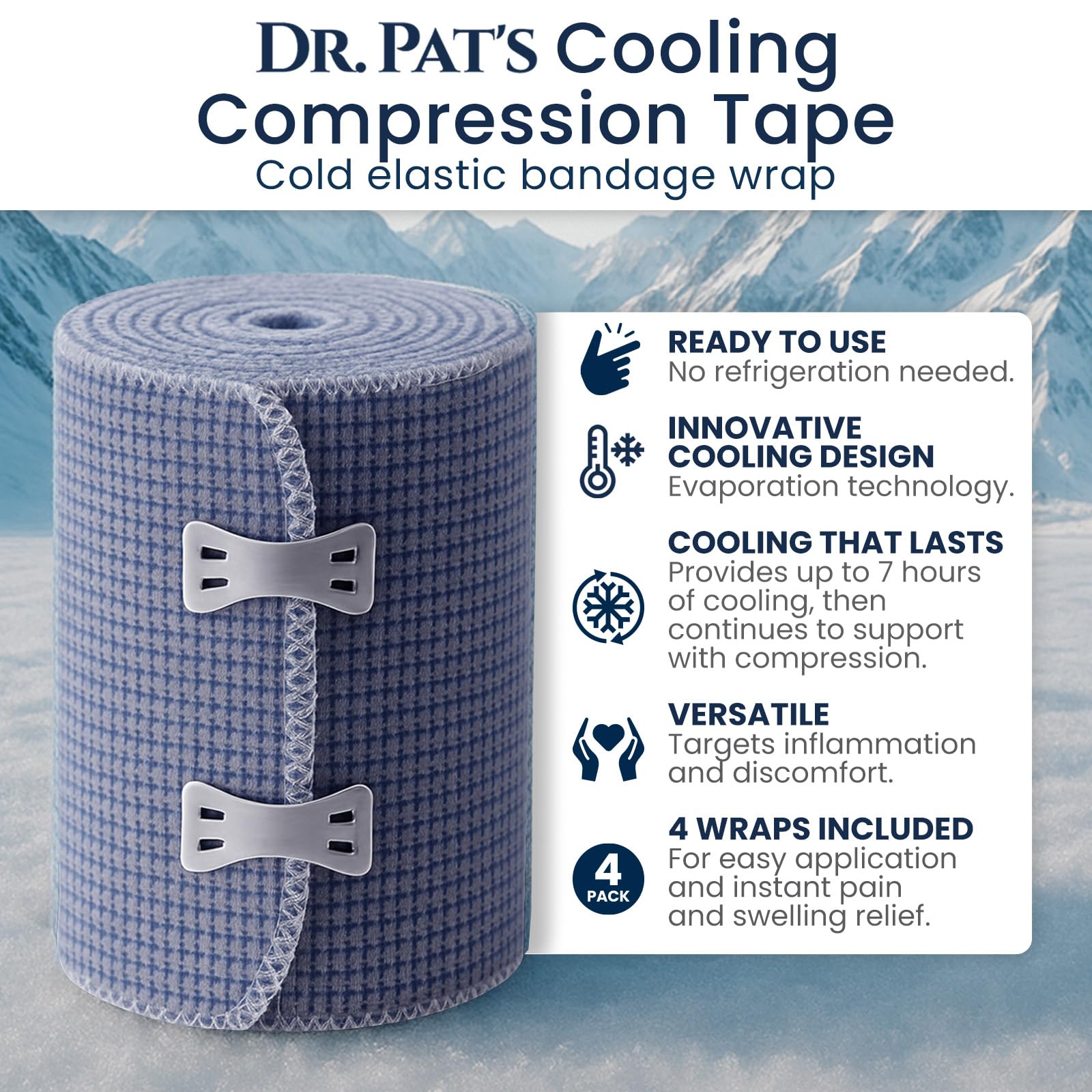 Dr Pat's Ice Tape (4 Pack) - Cooling Bandage Wrap Athletic Tape - Compression Instant Cold Compress Wrap with Menthol - Elastic, Athletic for Sore Muscles, Pain Relief Now, Swelling, Recovery, Sports - Maple Wellness Supplements