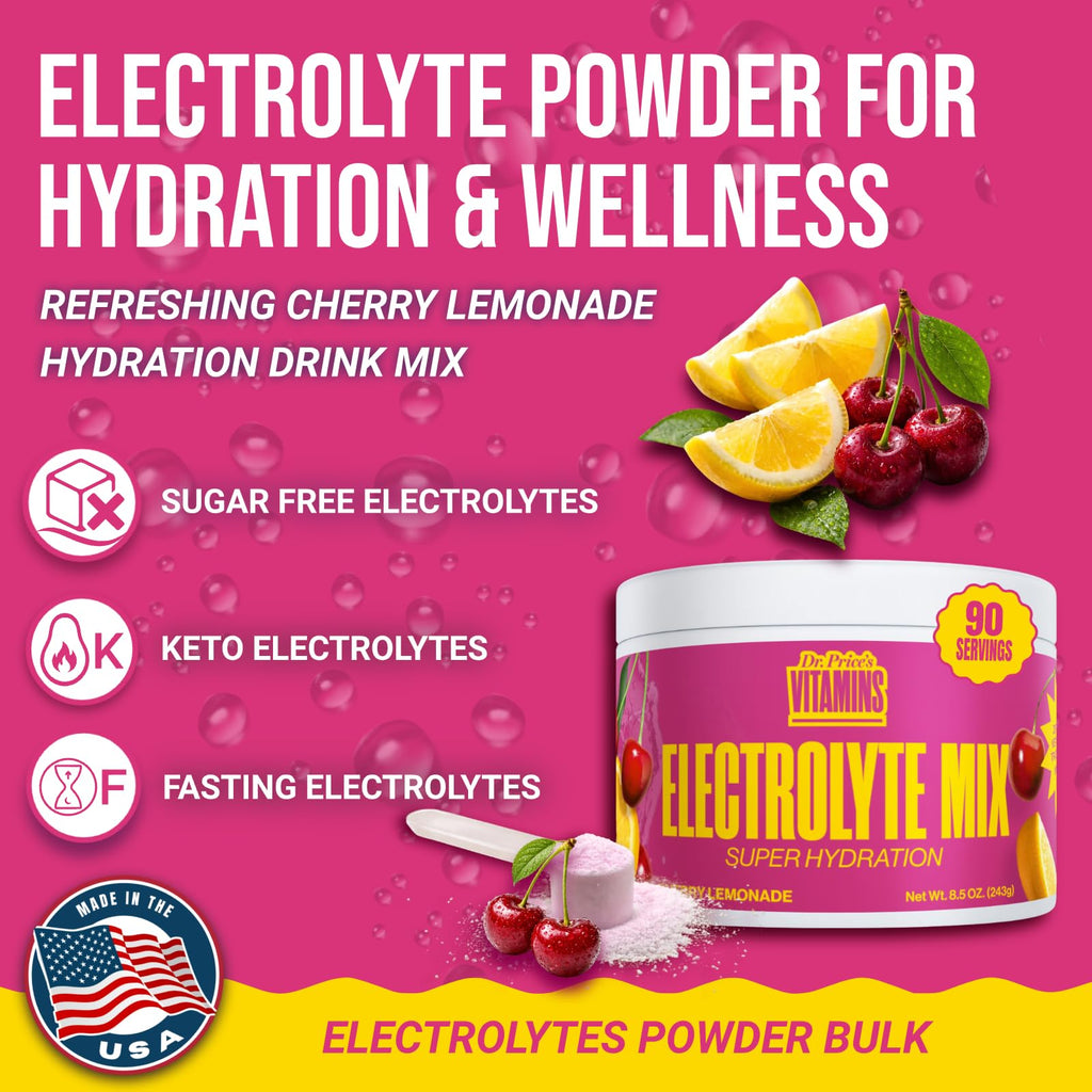 Dr. Price’s Electrolytes Powder Bulk – Cherry Lemonade, 90 Servings | Sugar Free Hydration Drink Mix with 72+ Trace Minerals, Manganese | Keto, Vegan, Doctor-Formulated, Made in USA - Maple Wellness Supplements
