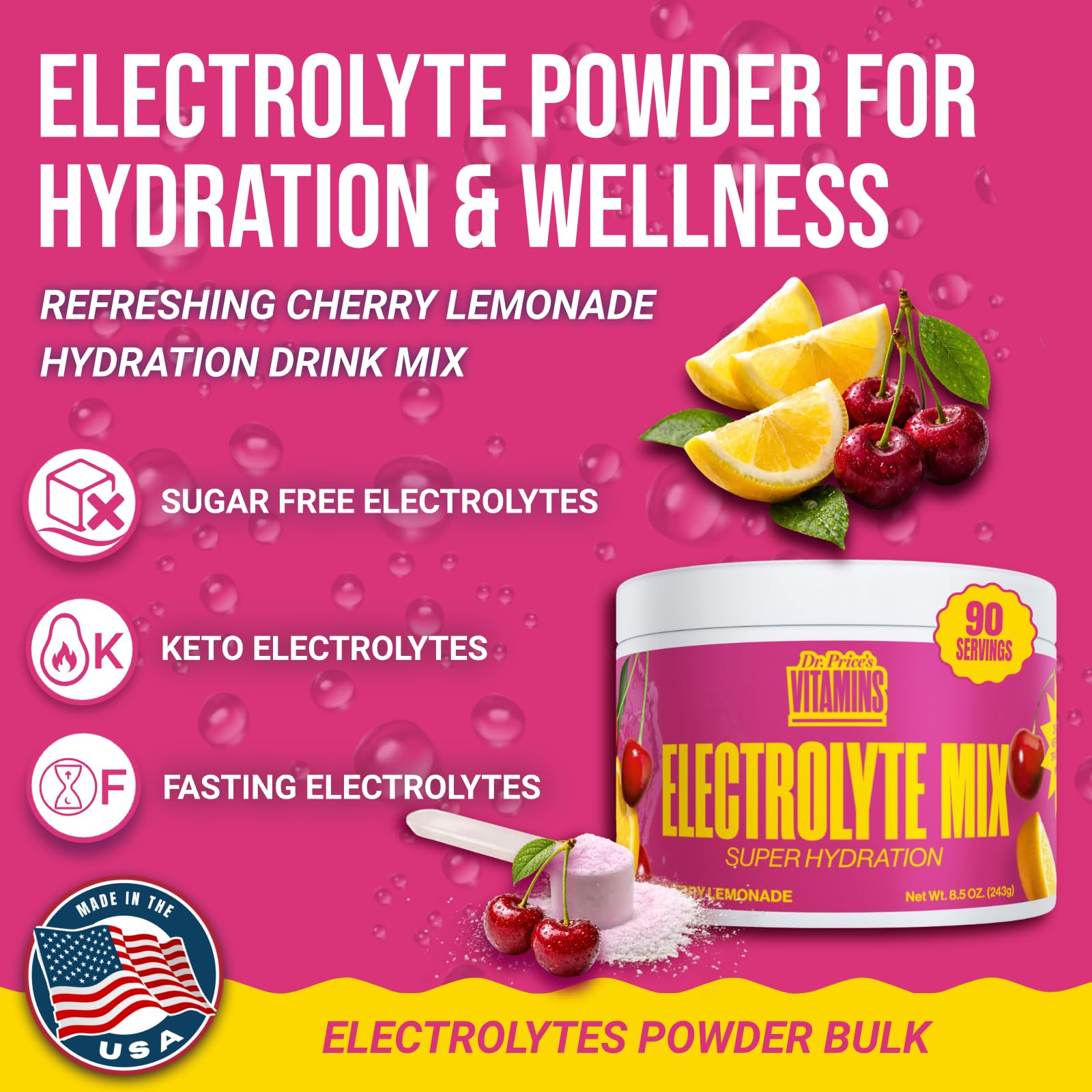 Dr. Price’s Electrolytes Powder Bulk – Cherry Lemonade, 90 Servings | Sugar Free Hydration Drink Mix with 72+ Trace Minerals, Manganese | Keto, Vegan, Doctor-Formulated, Made in USA - Maple Wellness Supplements
