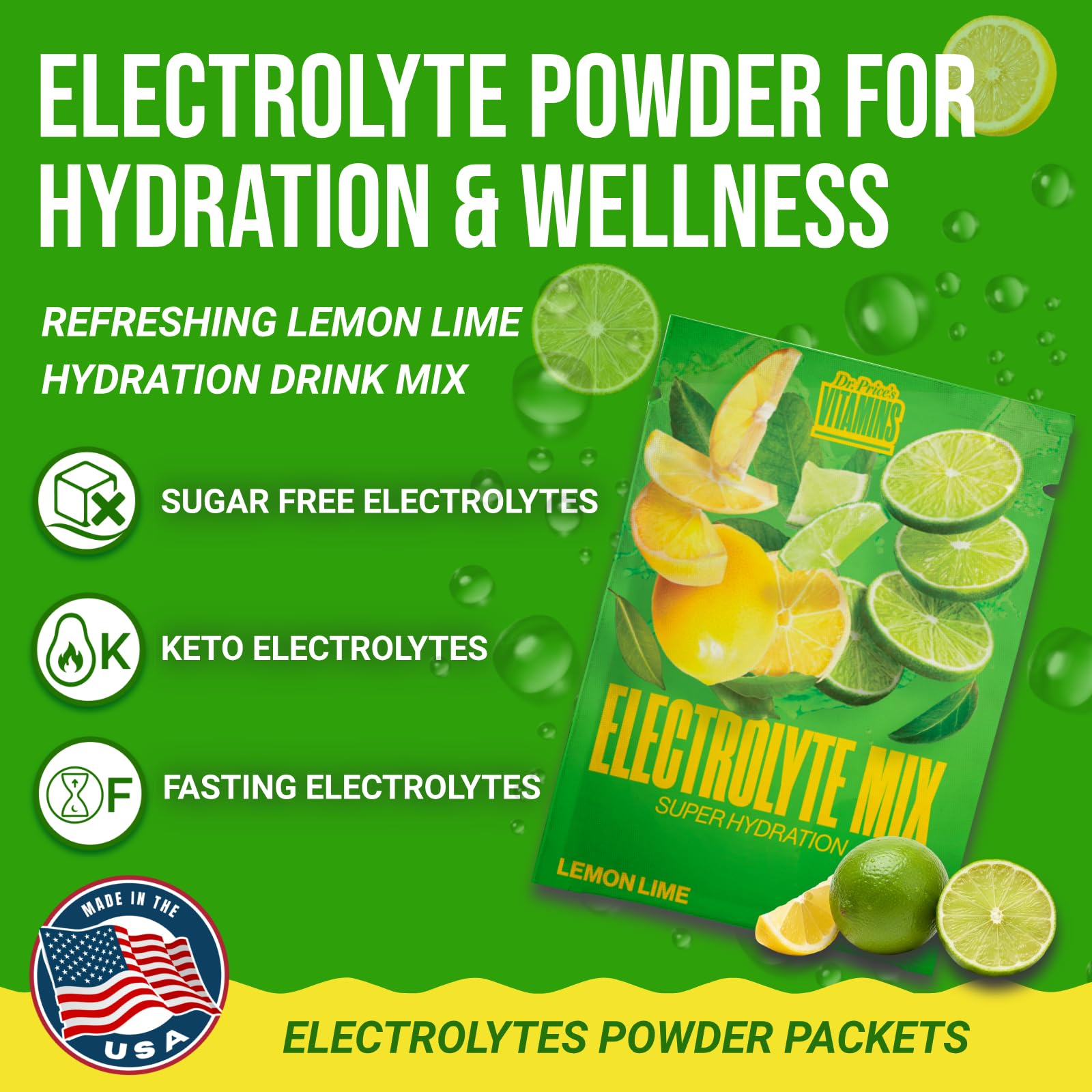 Dr. Price’s Electrolytes Powder Packets – Lemon Lime, 30 Packs | Sugar Free Electrolytes | Hydration Drink Mix, 72+ Trace Minerals, Manganese | Keto Electrolytes, Vegan, Doctor-Formulated, Made in USA - Maple Wellness Supplements