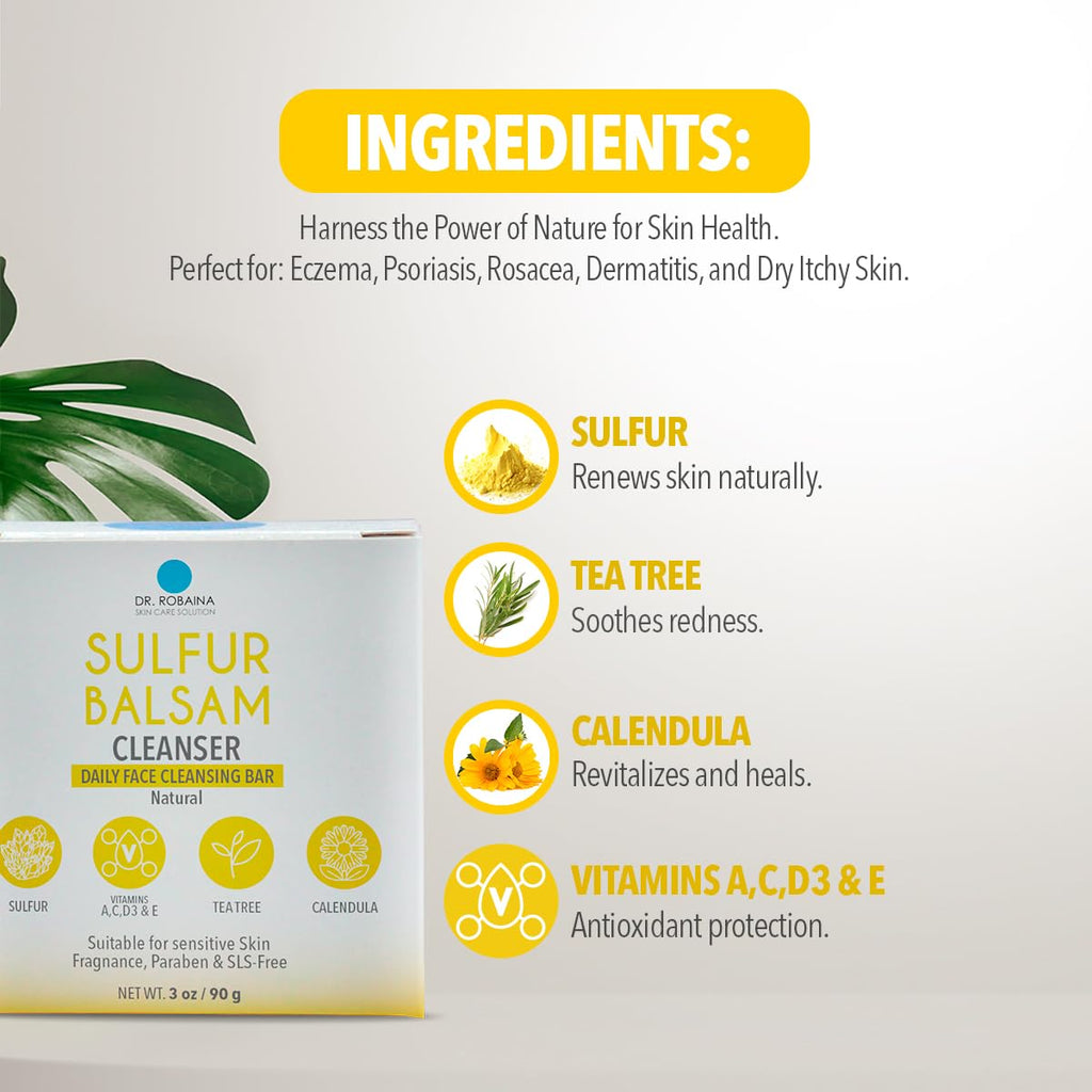 Dr. Robaina Sulfur Balsam Cleansing Bar – Face & Body Soap for Oily, Acne-Prone or Itchy Skin – Gently Exfoliates, Calms Redness & Removes Excess Oil – Tea Tree, Calendula & Shea, 4 oz - Maple Wellness Supplements