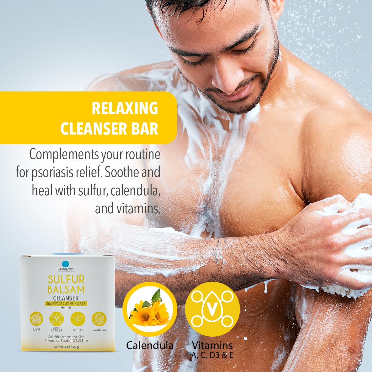 Dr. Robaina Sulfur Balsam Cleansing Bar – Face & Body Soap for Oily, Acne-Prone or Itchy Skin – Gently Exfoliates, Calms Redness & Removes Excess Oil – Tea Tree, Calendula & Shea, 4 oz - Maple Wellness Supplements