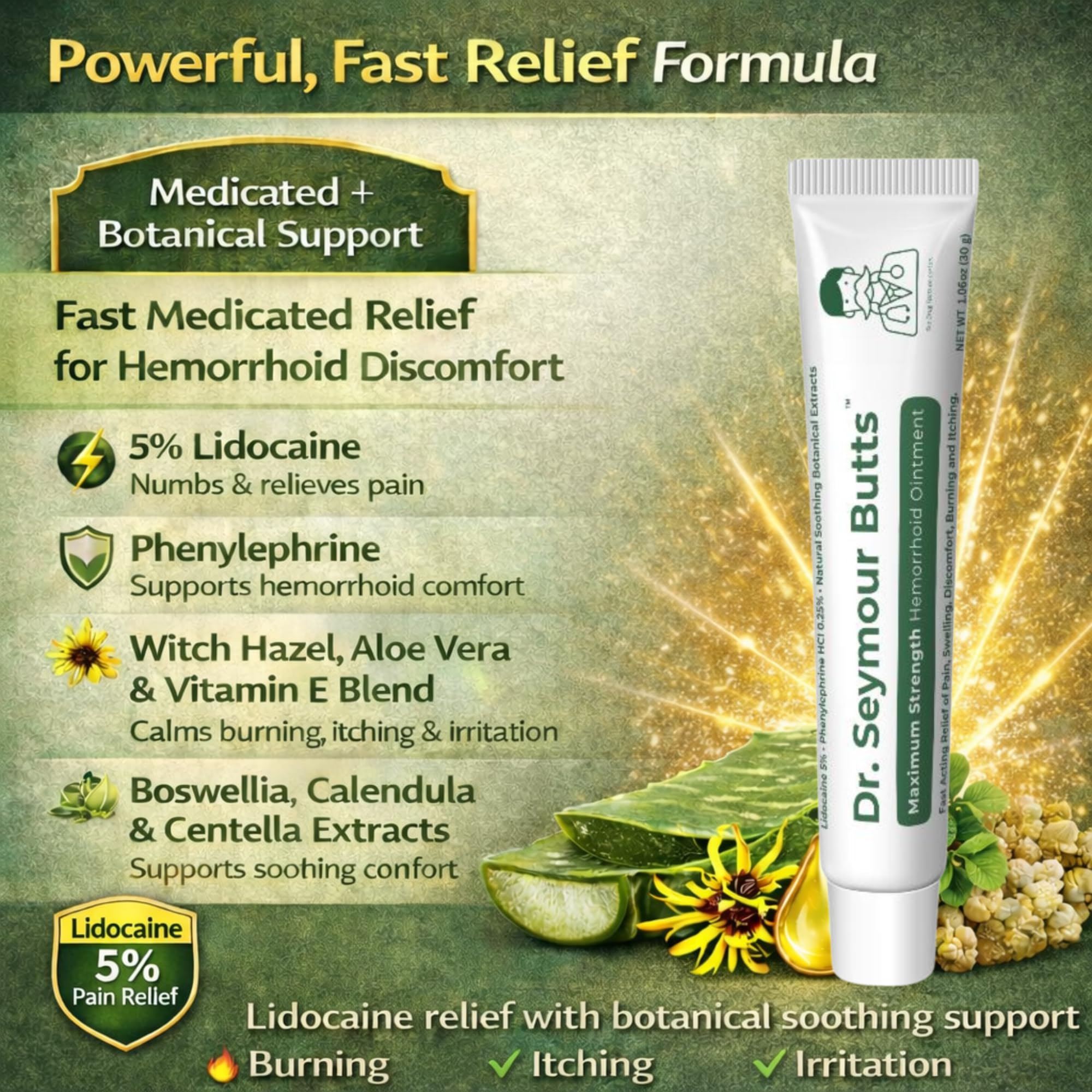 Dr. Seymour Butts Hemorrhoid Ointment – Lidocaine 5% Pain Relief for Burning, Itching & Irritation | External Hemorrhoid Care with Witch Hazel, Aloe & Botanical Support - TrustMedUSA