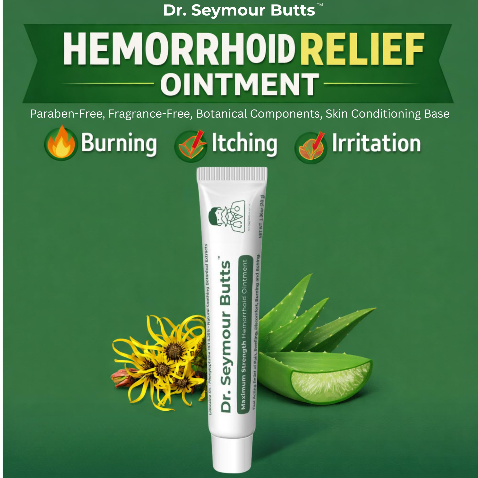 Dr. Seymour Butts Hemorrhoid Ointment – Lidocaine 5% Pain Relief for Burning, Itching & Irritation | External Hemorrhoid Care with Witch Hazel, Aloe & Botanical Support - TrustMedUSA