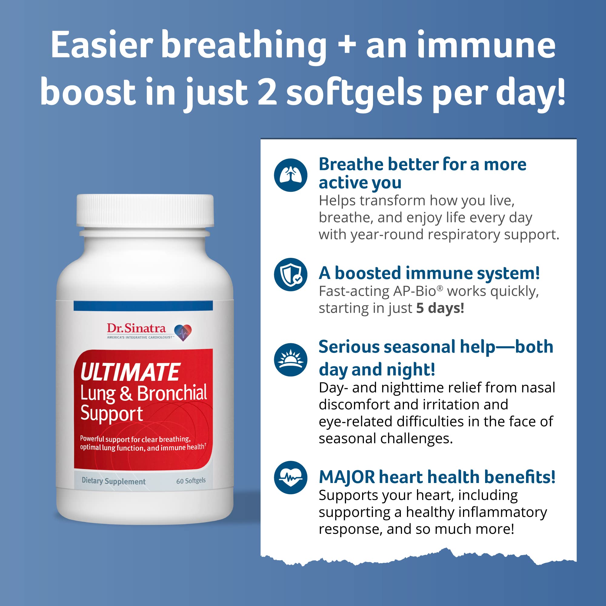 Dr. Sinatra Ultimate Lung & Bronchial Support Supplement for Lung Health, Clear Breathing, Immune and Heart Health, and Seasonal Respiratory Challenge Support (60 Capsules, 30-Day Supply) - TrustMedUSA