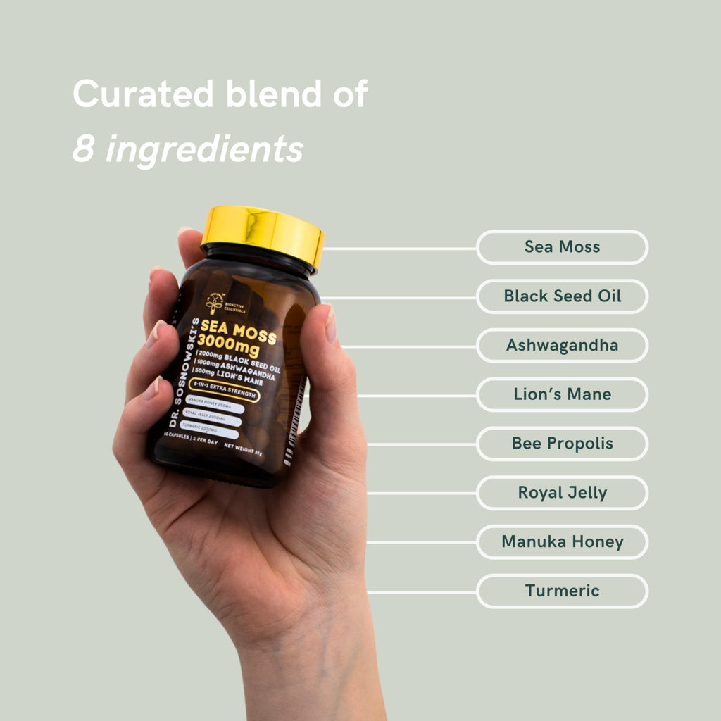 Dr Sosnowski's BioActive Sea Moss | 8-in-1 Formula Enriched with Black Seed, Ashwagandha, Turmeric, Manuka Honey, Lion's Mane, Royal Jelly, Bee Propolis Extract | 60 Capsules - TrustMedUSA
