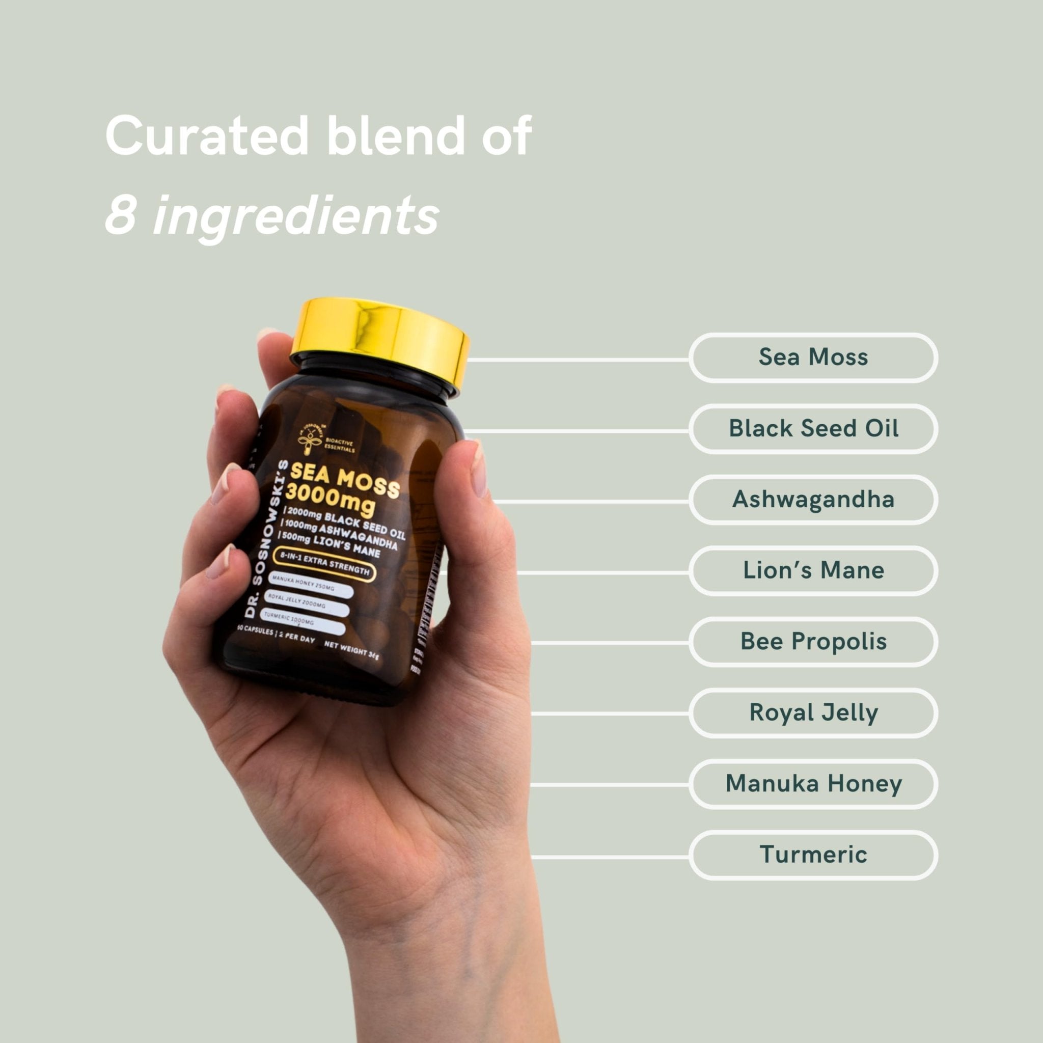 Dr Sosnowski's BioActive Sea Moss | 8-in-1 Formula Enriched with Black Seed, Ashwagandha, Turmeric, Manuka Honey, Lion's Mane, Royal Jelly, Bee Propolis Extract | 60 Capsules - TrustMedUSA