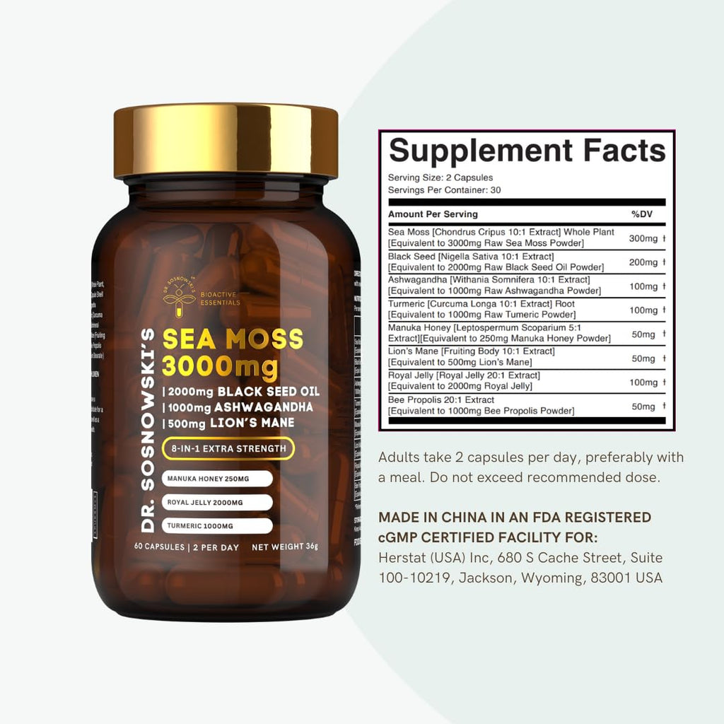 Dr Sosnowski's BioActive Sea Moss | 8-in-1 Formula Enriched with Black Seed, Ashwagandha, Turmeric, Manuka Honey, Lion's Mane, Royal Jelly, Bee Propolis Extract | 60 Capsules - TrustMedUSA