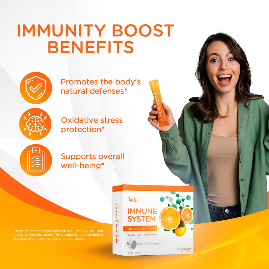 Dr. T On-the-go Packs – Immune System Formula – No Water Needed, Direct-to-Mouth – with Vitamins C, E, Zinc & Selenium – Supports Daily Wellness, Vitality & Overall Health – Orange, 30 Packs - TrustMedUSA