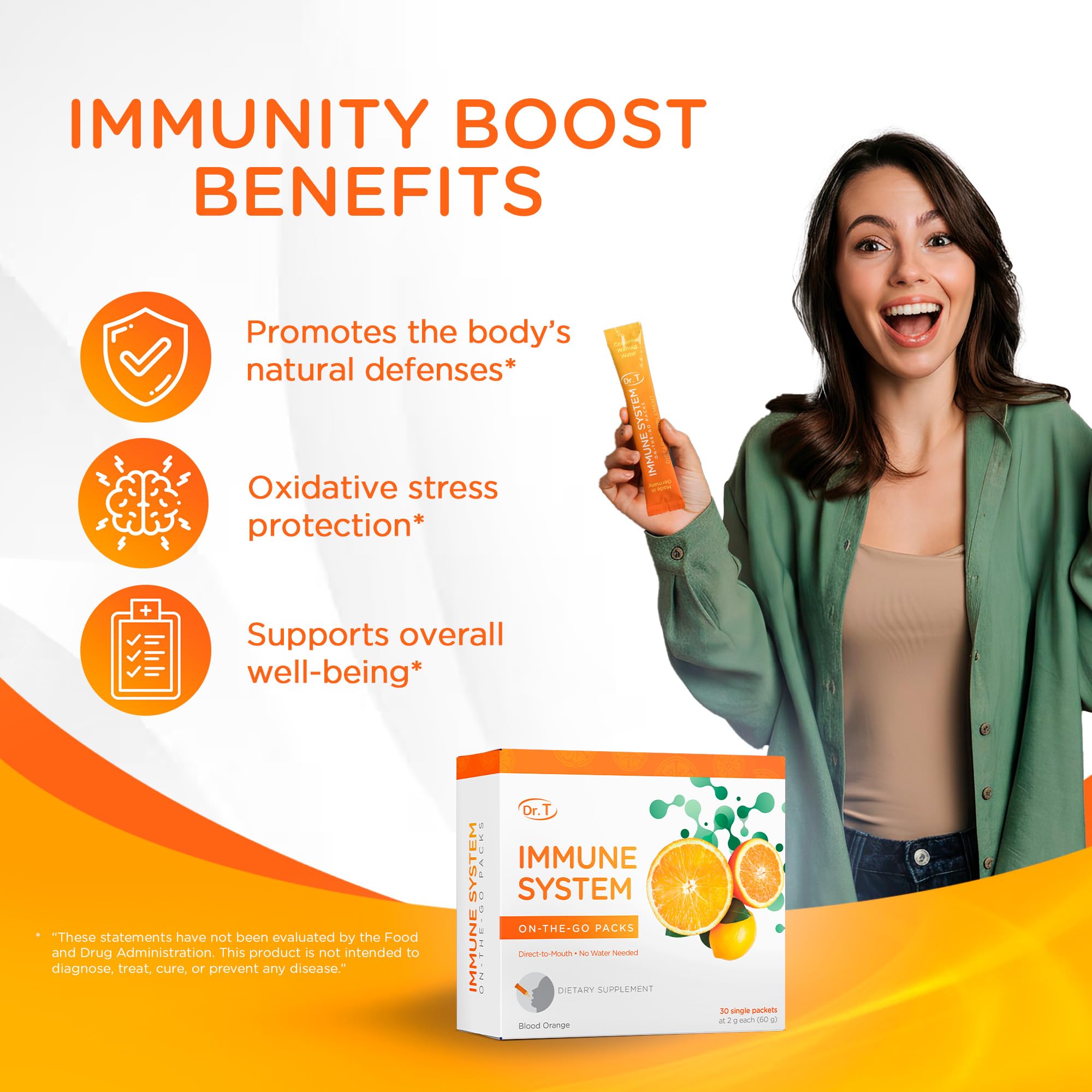 Dr. T On-the-go Packs – Immune System Formula – No Water Needed, Direct-to-Mouth – with Vitamins C, E, Zinc & Selenium – Supports Daily Wellness, Vitality & Overall Health – Orange, 30 Packs - TrustMedUSA