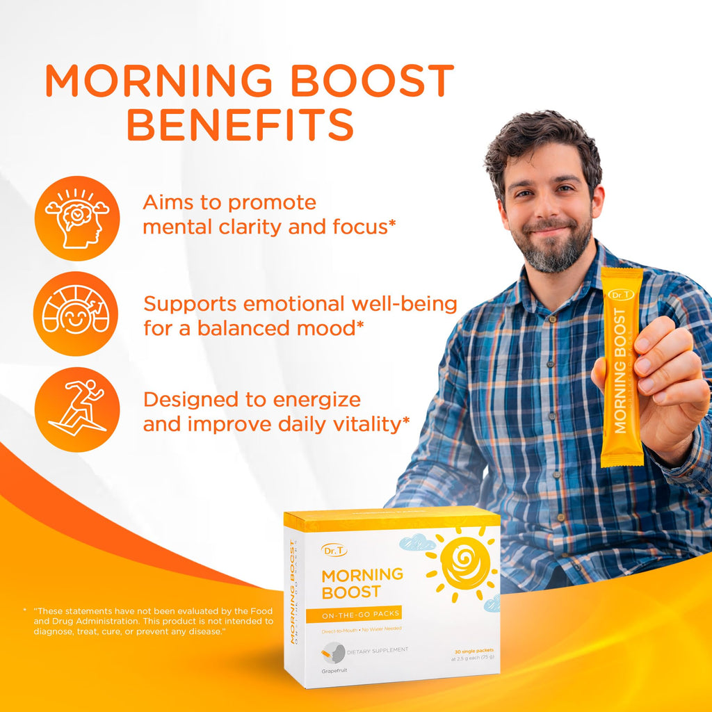 Dr. T On-the-go Packs – Morning Boost Formula – No Water Needed, Direct-to-Mouth – with Vitamins C, B6, B12 & Camu-Camu Extract – Supports Focus, Energy & Well-Being – Grapefruit, 30 Packs - TrustMedUSA