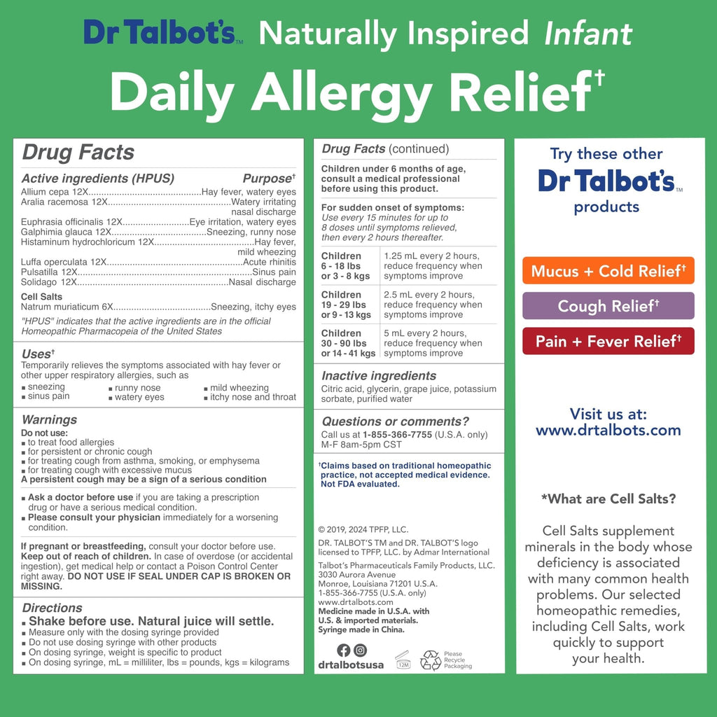 Dr. Talbot's Infant Daily Allergy Relief Liquid Medicine, Naturally Inspired for Babies, Includes Syringe, Grape Juice Flavor, Purple, 4 Fl Oz - Maple Wellness Supplements