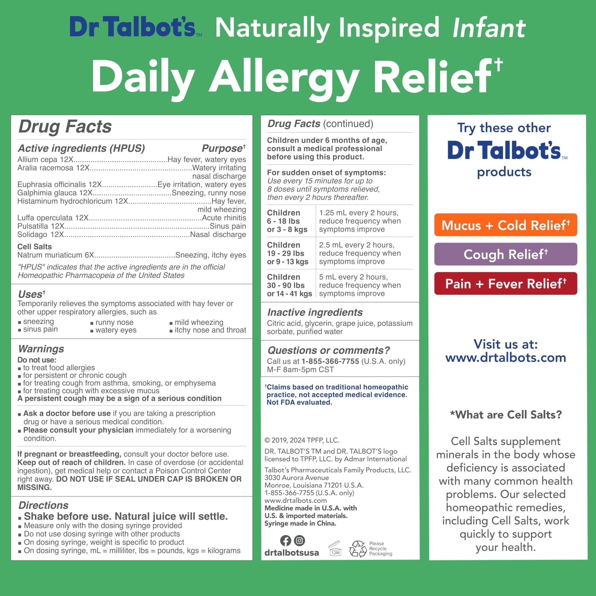Dr. Talbot's Infant Daily Allergy Relief Liquid Medicine, Naturally Inspired for Babies, Includes Syringe, Grape Juice Flavor, Purple, 4 Fl Oz - Maple Wellness Supplements