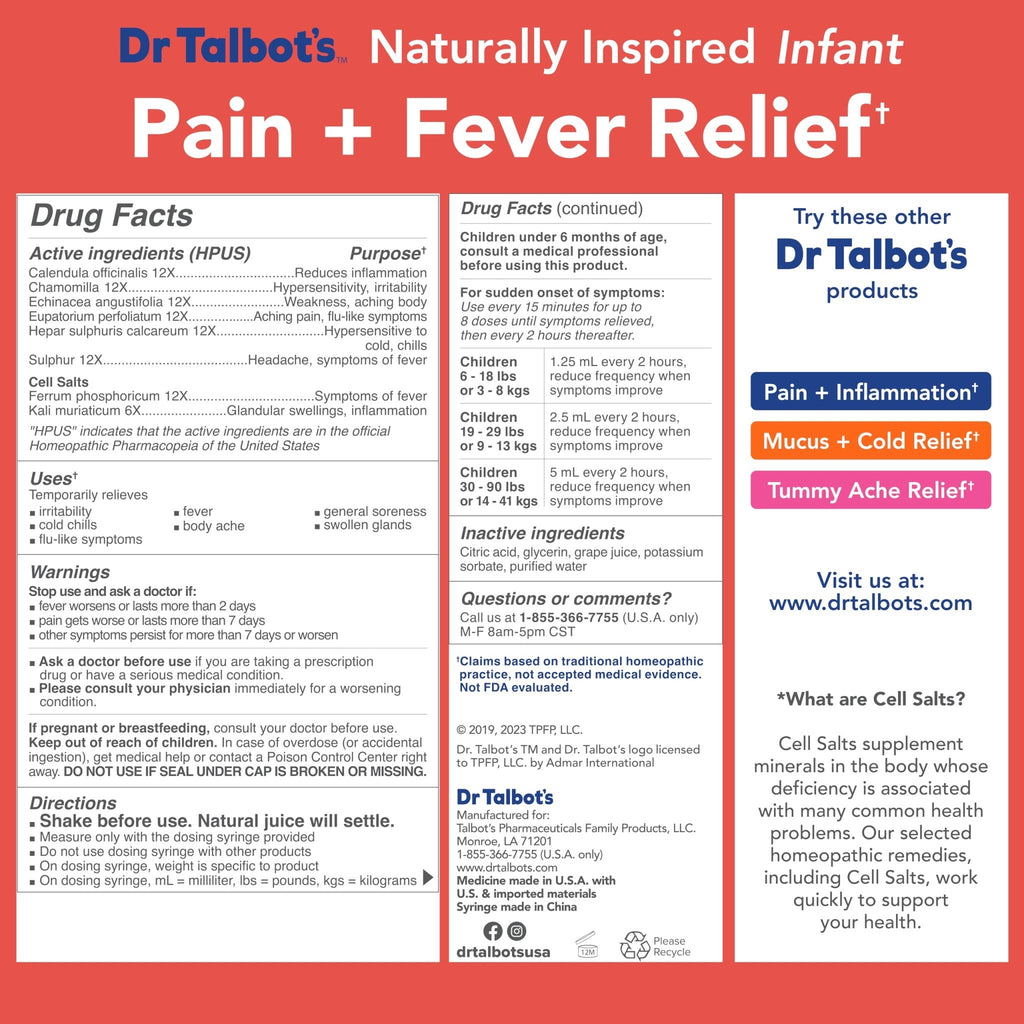 Dr. Talbot's Infant Pain and Fever Relief Liquid Medicine - 4 fl oz - 6+ Months - Grape Juice Flavor - No Alcohol, Dyes, or Parabens - Baby Essentials - TrustMedUSA
