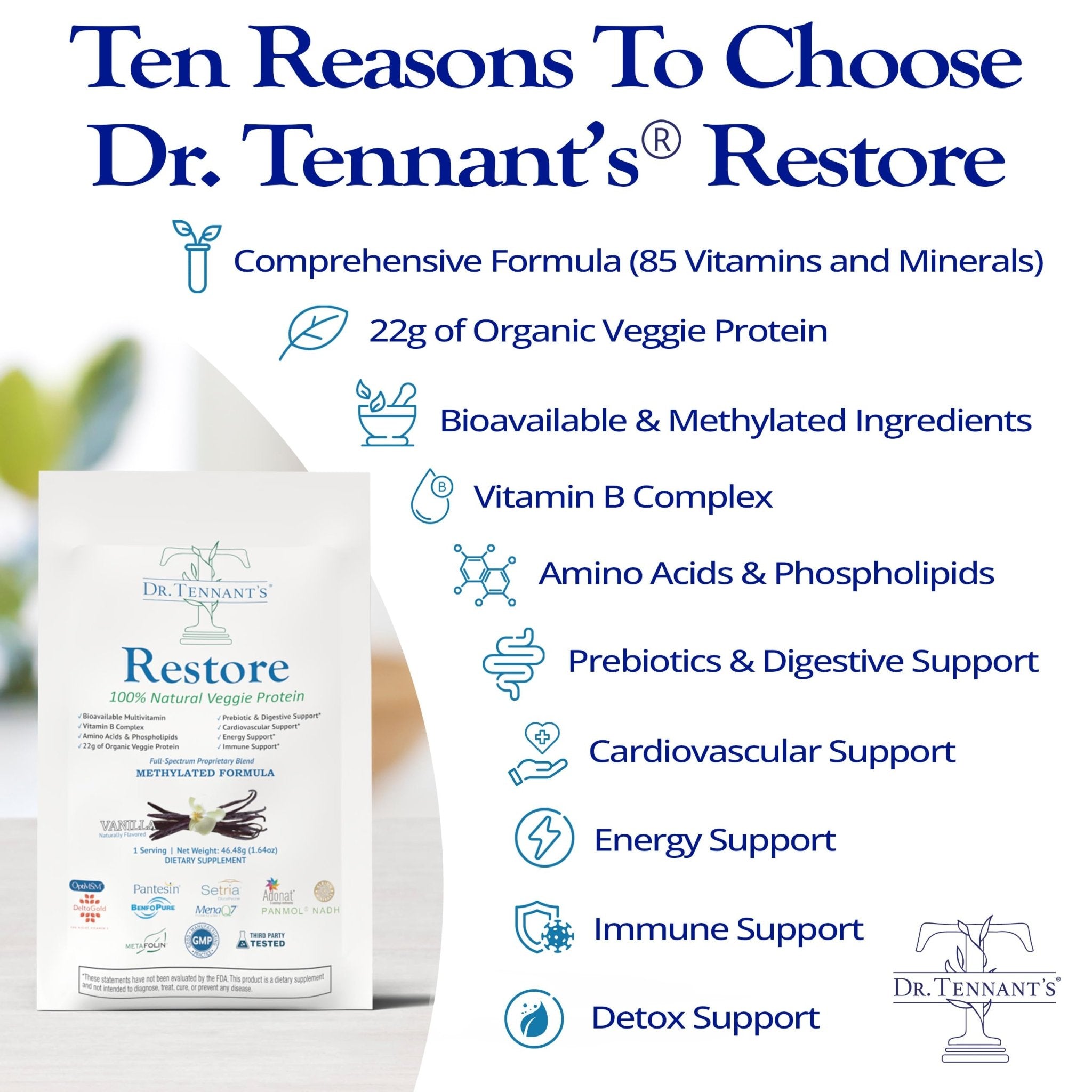 Dr. Tennant's Restore Vanilla Shake | 50+ Methylated Vitamins & Minerals | 23g Vegan Protein | Organic, Gluten-Free | Boosts Energy, Immune & Gut Health | 14-Day All-in-One Supplement - TrustMedUSA