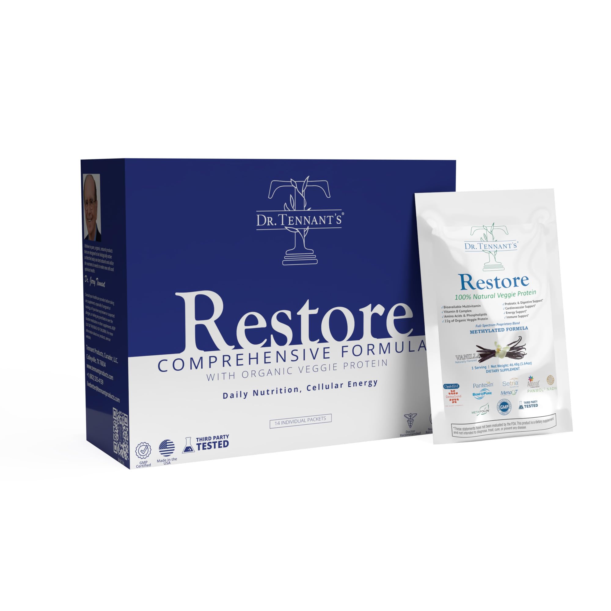 Dr. Tennant's Restore Vanilla Shake | 50+ Methylated Vitamins & Minerals | 23g Vegan Protein | Organic, Gluten-Free | Boosts Energy, Immune & Gut Health | 14-Day All-in-One Supplement - TrustMedUSA