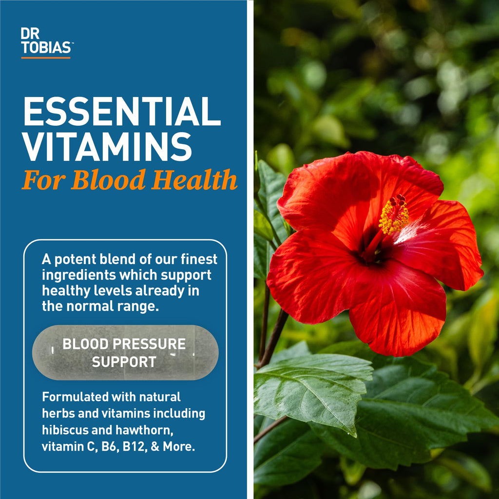 Dr. Tobias Blood Pressure Support Supplement with Hawthorn, Hibiscus Flower, Olive Leaf & Garlic, Supports Normal Circulatory Health with Vitamins C, B6, B12, Niacin, Folate & Herbs, 90 Capsules - TrustMedUSA