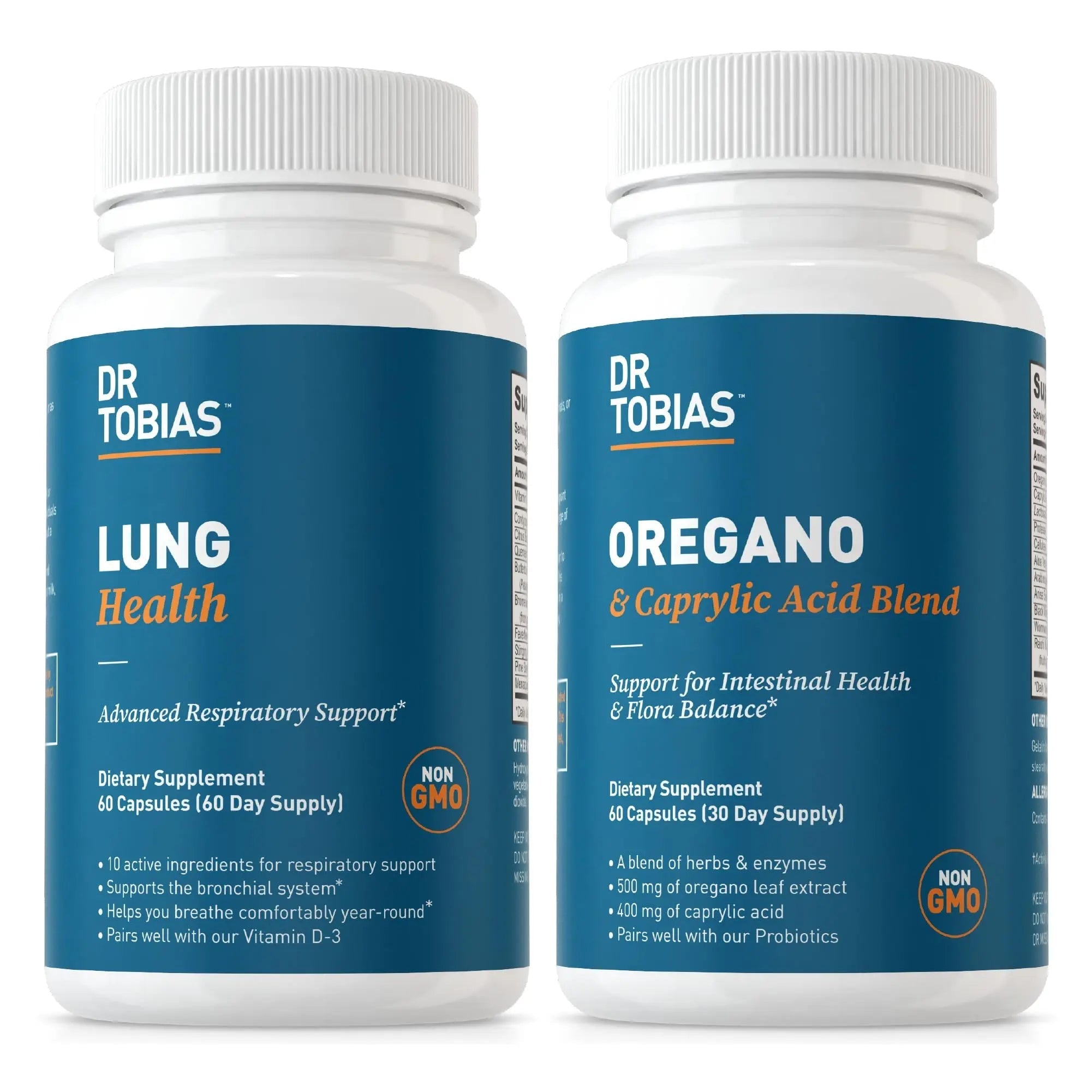 Dr. Tobias Lung Health and Oregano & Caprylic Acid Blend, Supports Lung Cleanse & Detox, Intestinal Health, Immune Support with Prebiotics & Herbs for Women & Men - TrustMedUSA