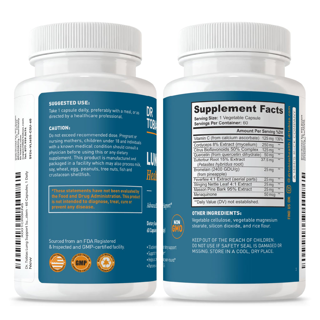 Dr. Tobias Lung Health - Lung Support Supplement with Vitamin C, Butterbur, Quercetin & Bromelain | Lung Cleanse & Detox Formula for Bronchial & Respiratory System Non-GMO (60 Capsules, 60 Servings) - TrustMedUSA