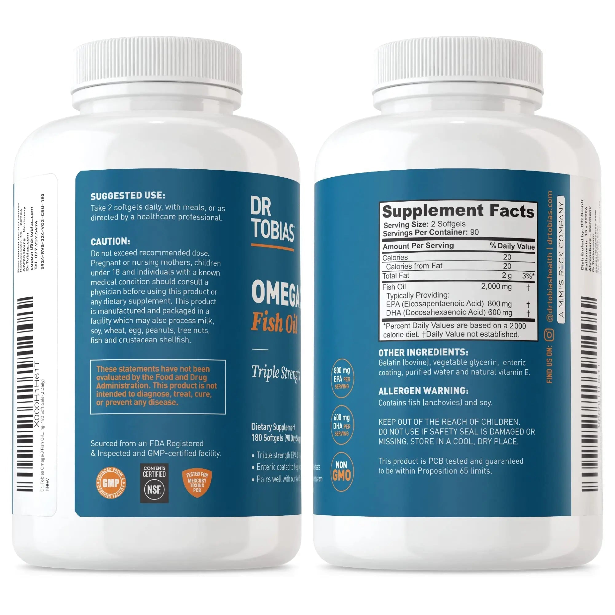 Dr. Tobias Omega 3 Fish Oil, 800 mg EPA 600 mg DHA Omega 3 Supplement for Heart - TrustMedUSA