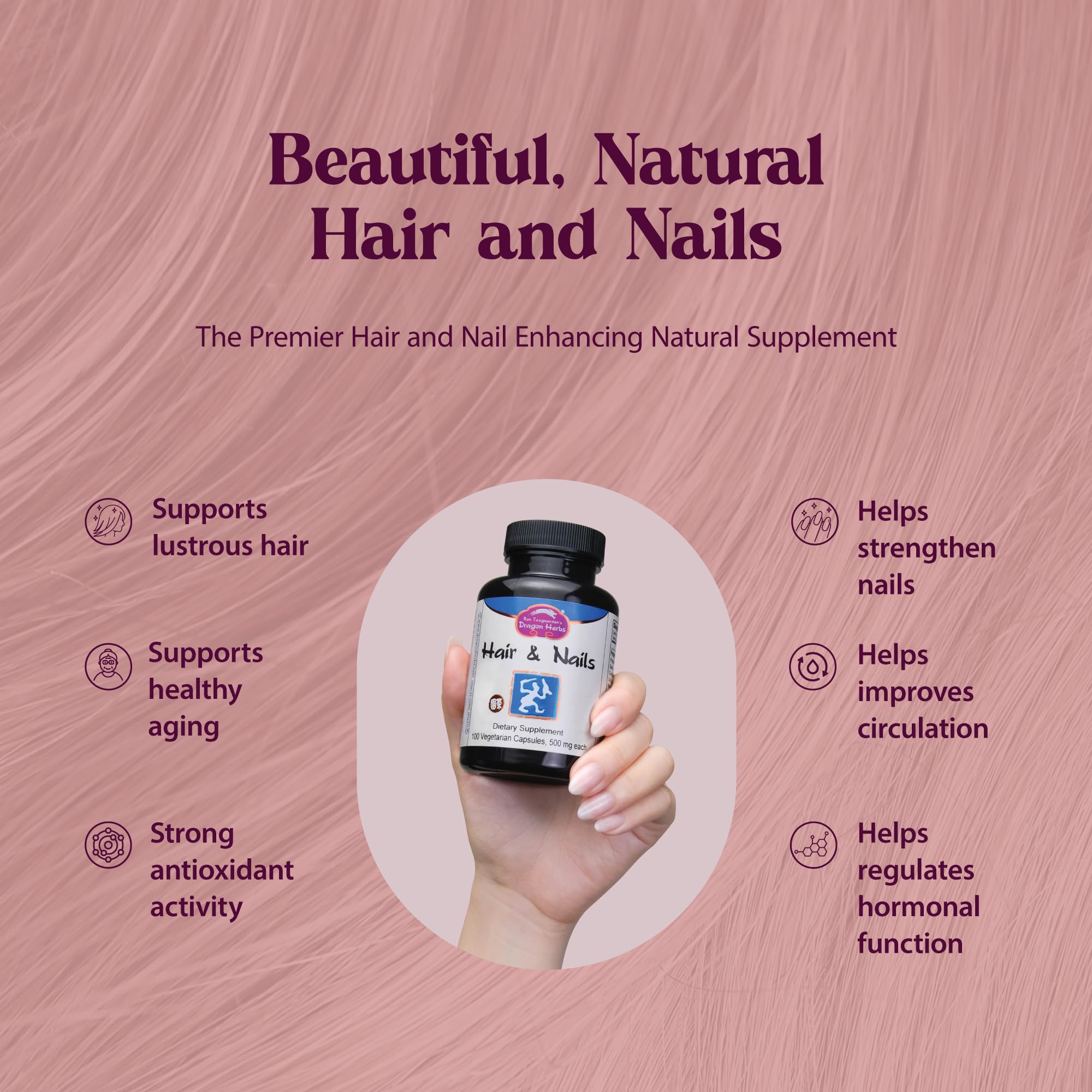 Dragon Herbs Hair and Nails | All Natural Supplement to Support Hair, Nails, Healthy Aging, and Circulation | All Natural Ingredients, Non-GMO (100 Capsules, 500 mg Per Capsule) - TrustMedUSA