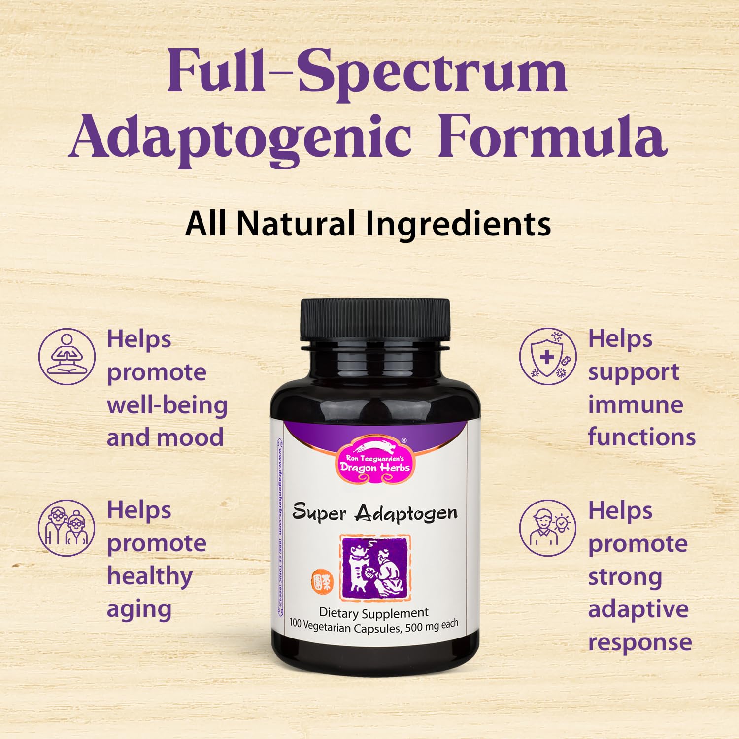 Dragon Herbs Super Adaptogen | All Natural Supplement to Support Well-Being, Mood, Immune Function, Strong Adaptive Response | All Natural Ingredients, Non-GMO (100 Capsules, 500 mg Per Capsule)” - TrustMedUSA