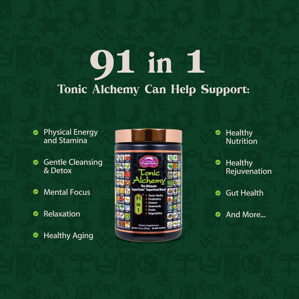 Dragon Herbs Tonic Alchemy Superfood Greens Powder with 91 Ingredients: Tonic Herbs, Ashwagandha, Mushrooms, Probiotics, Super Greens, Seaweeds, Fruits, Vegetables, Spirulina - 30 Servings - TrustMedUSA