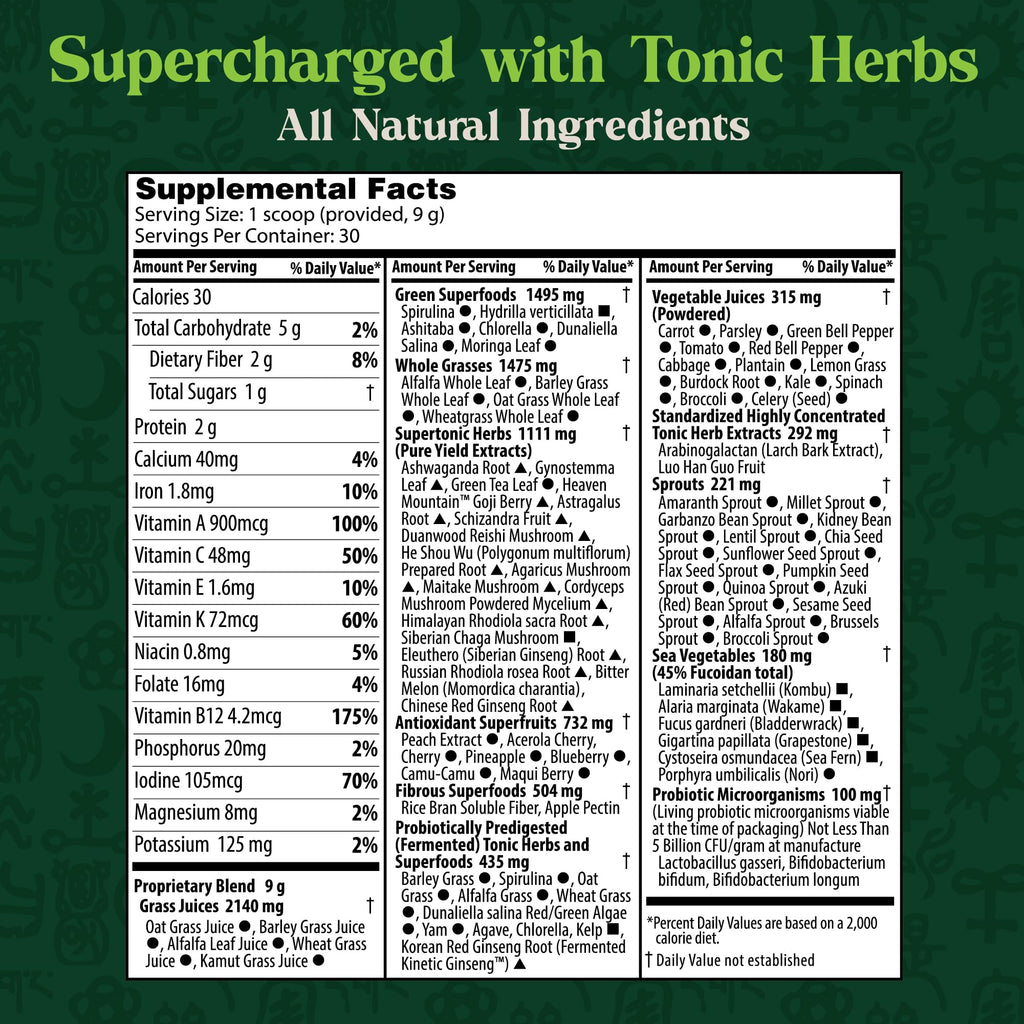 Dragon Herbs Tonic Alchemy Superfood Greens Powder with 91 Ingredients: Tonic Herbs, Ashwagandha, Mushrooms, Probiotics, Super Greens, Seaweeds, Fruits, Vegetables, Spirulina - 30 Servings - TrustMedUSA