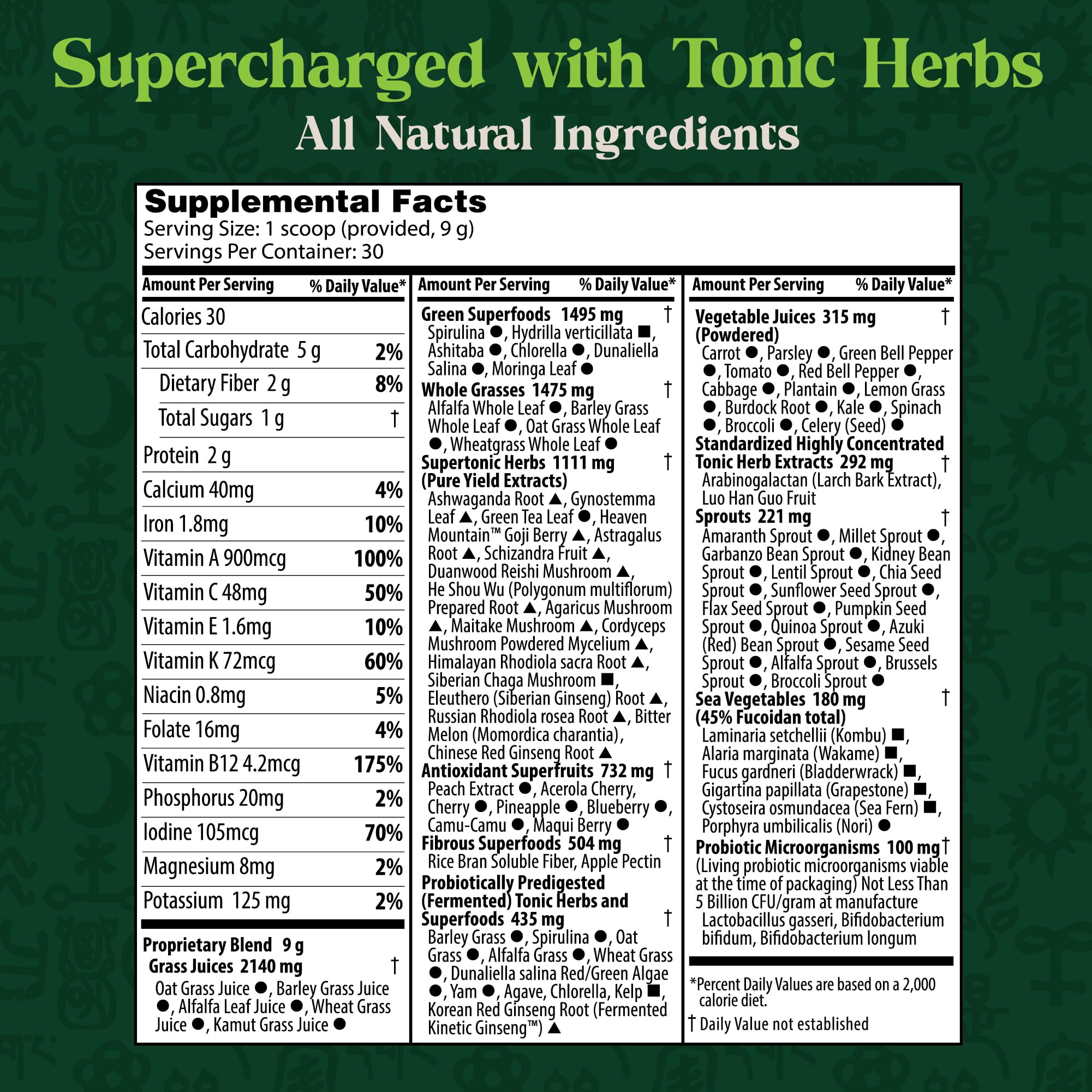 Dragon Herbs Tonic Alchemy Superfood Greens Powder with 91 Ingredients: Tonic Herbs, Ashwagandha, Mushrooms, Probiotics, Super Greens, Seaweeds, Fruits, Vegetables, Spirulina - 30 Servings - TrustMedUSA